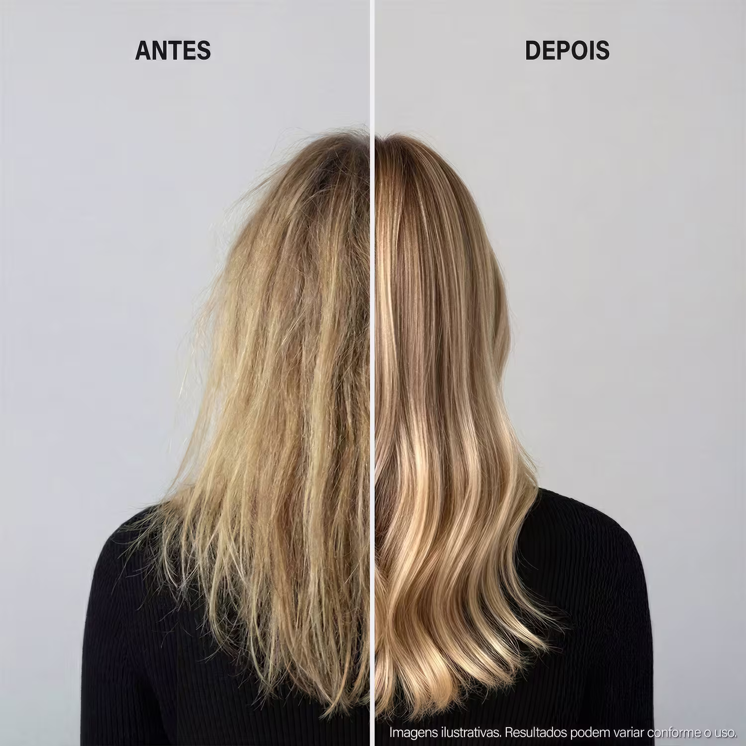A imagem mostra o antes e depois com o uso do produto.