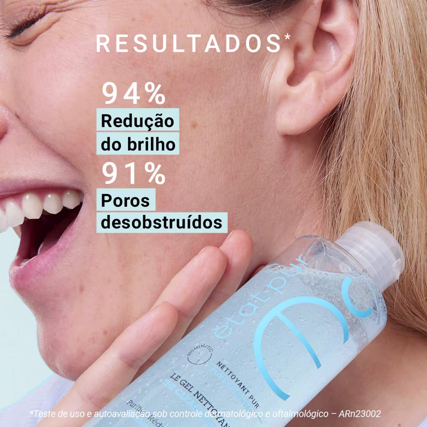 O texto menciona 94% de redução do brilho, 91% de poros desobstruídos e indica que o teste foi realizado sob controle dermatológico e oftalmológico.