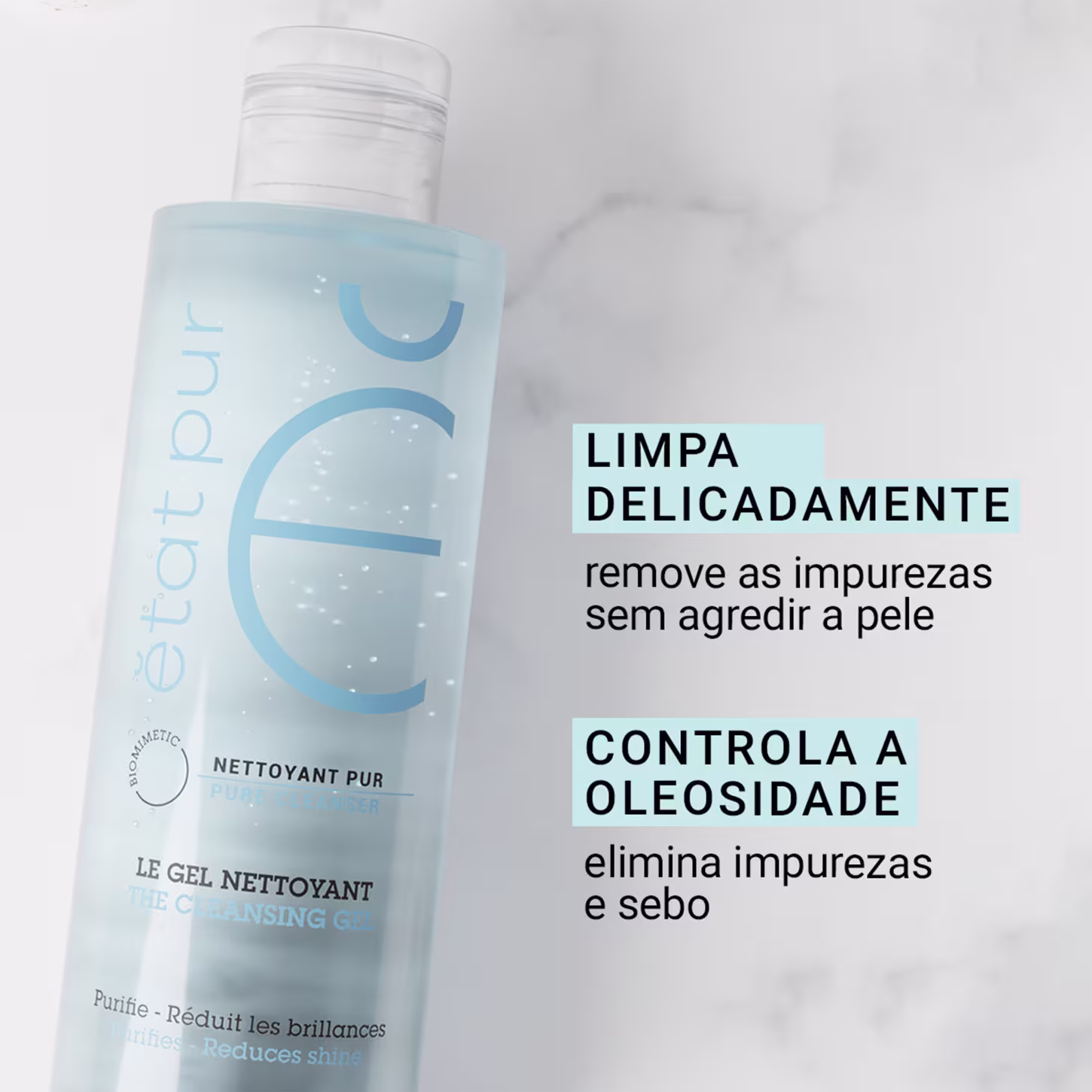 Recipiente de item de perfumaria com rótulo em português. Texto: "LIMPA DELICADAMENTE remove as impurezas sem agredir a pele. CONTROLA A OLEOSIDADE elimina impurezas e sebo. LE GEL NETTOYANT THE CLEANSING GEL. Purifica - Reduz os brilhos."