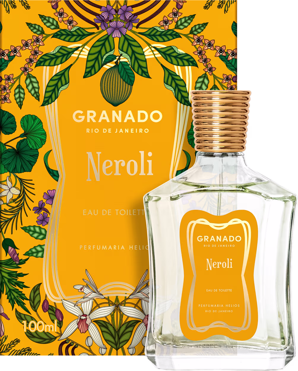 Frasco de perfume Neroli da marca Granado, com embalagem em tons de amarelo e verde, contendo ilustrações florais. O rótulo apresenta o nome do produto e da marca em destaque.