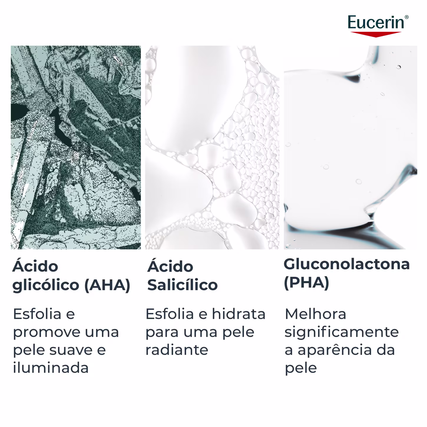 Ácido glicólico (AHA) promove pele suave e iluminada. Ácido Salicílico hidrata para pele radiante. Gluconolactona (PHA) melhora significativamente a aparência da pele.