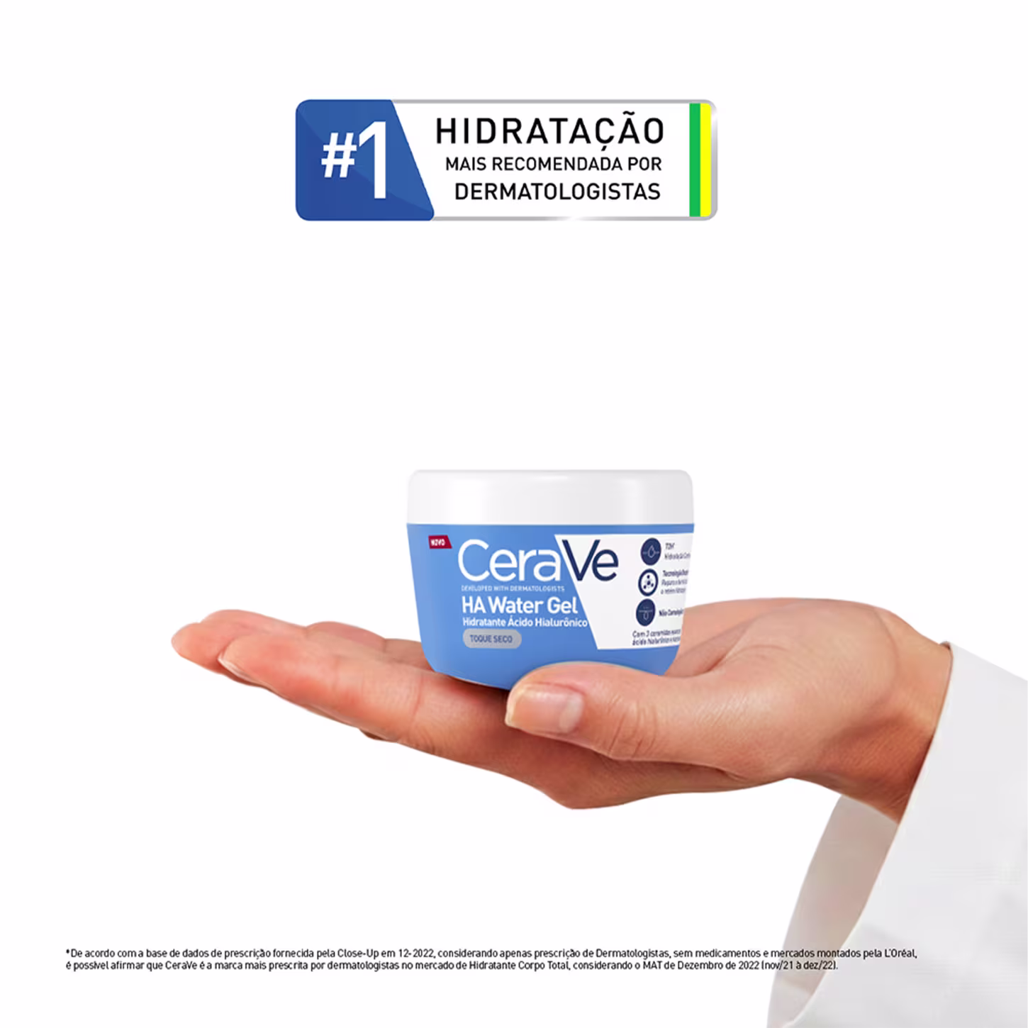 Imagem mostra um recipiente de gel hidratante da marca CeraVe, com a informação "Hidratação mais recomendada por dermatologistas" em destaque.