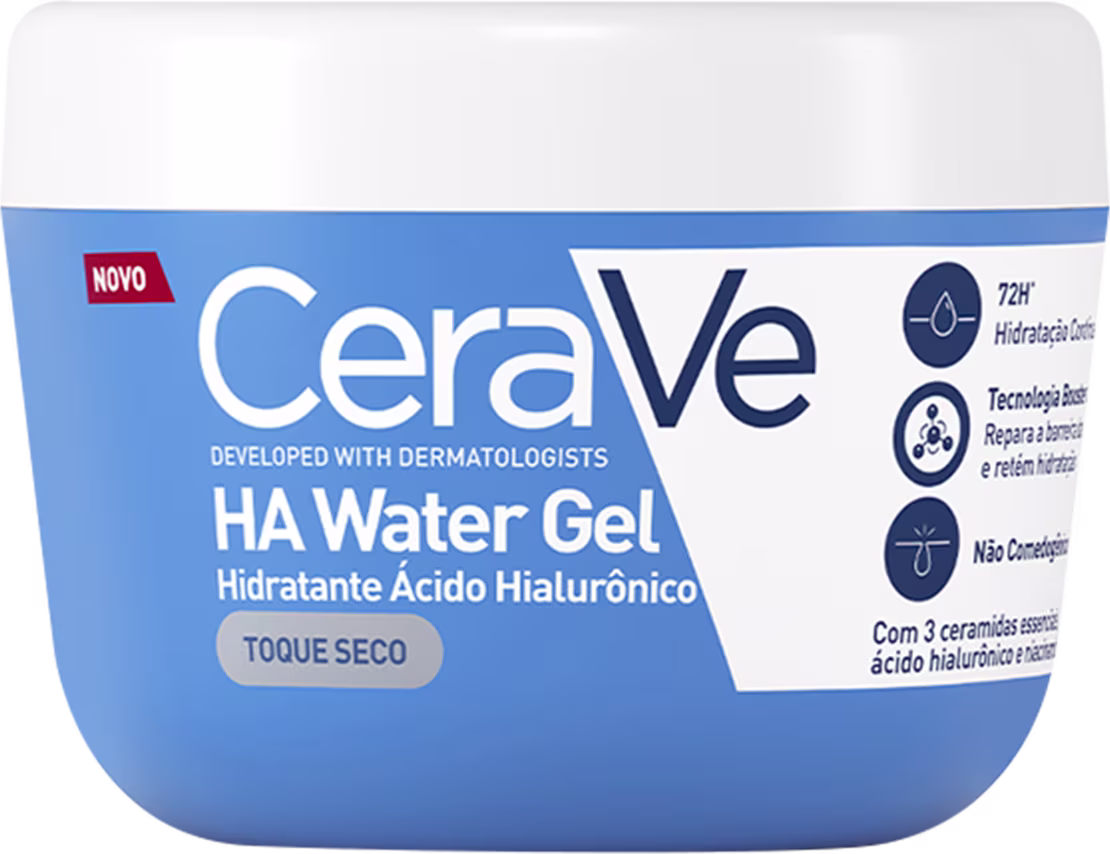 Frasco de gel hidratante HA Water Gel da marca Cerave, com embalagem branca e azul, destacando a tecnologia de ácido hialurônico e a indicação de pele seca.