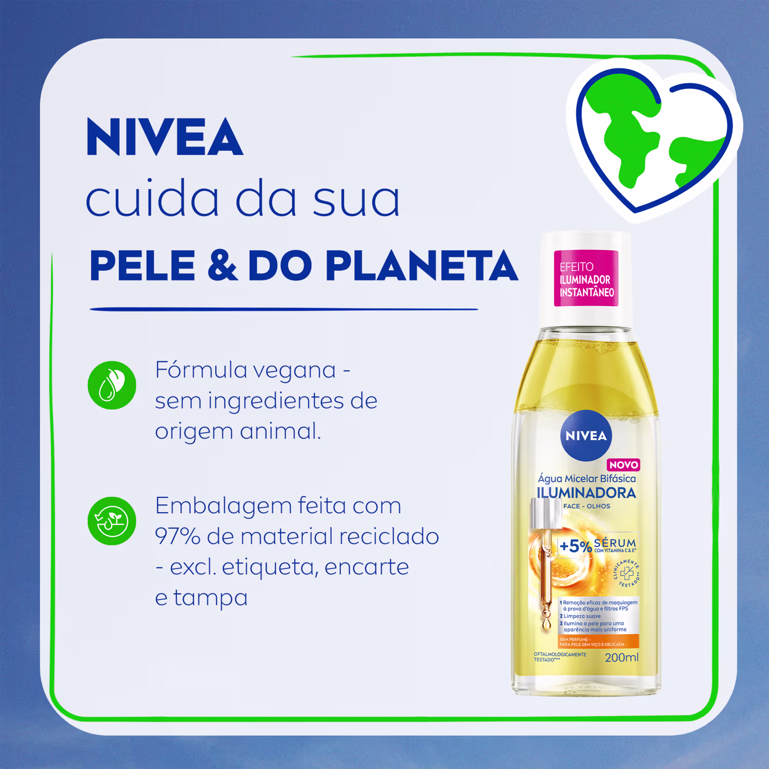 Embalagem de item de perfumaria da marca NIVEA com fórmula vegana, sem ingredientes de origem animal, e embalagem feita com 97% de material reciclado, exceto etiqueta, encarte e tampa.