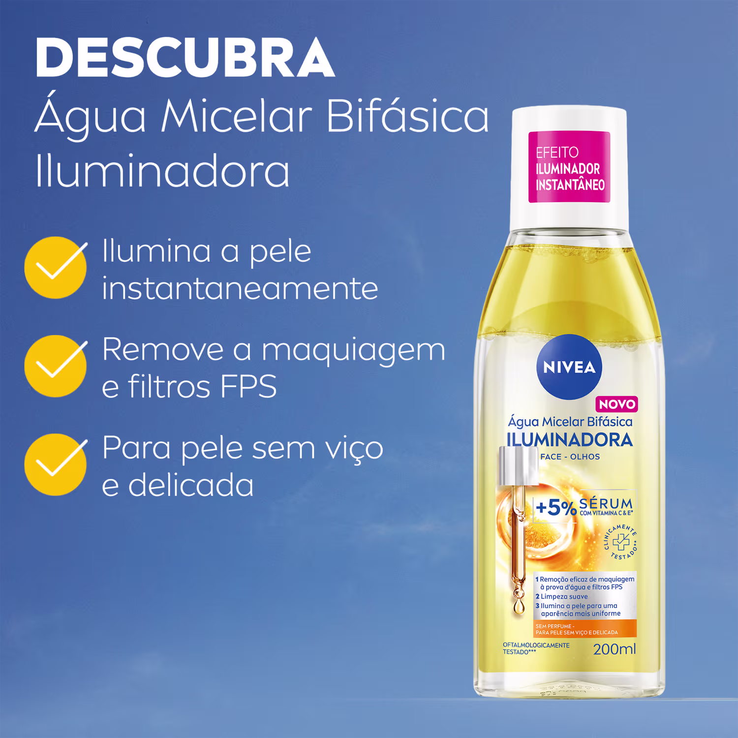 Embalagem de Água Micelar Bifásica Iluminadora da marca NIVEA, com texto "Efeito Iluminador Instantâneo", "Ilumina a pele instantaneamente", "Remove a maquiagem e filtros FPS", "Para pele sem vício e delicada".