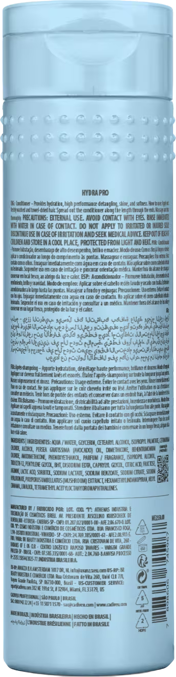 Parte de trás da embalagem do Condicionador Cadiveu Professional Hydra Pro, com design cilíndrico, textura pontilhada e rótulo com informações em diversos idiomas.