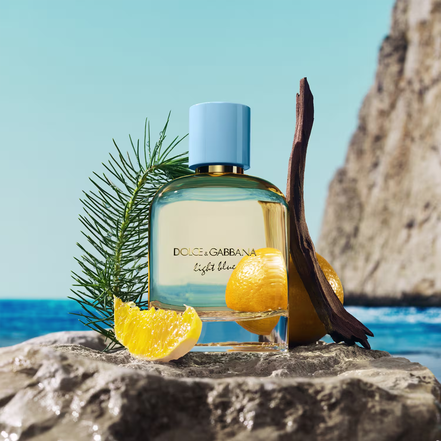 Perfume Dolce & Gabbana Light Blue em primeiro plano, com ramos de pinheiro, fatias de limão e pedras em um cenário de praia com mar azul e céu claro ao fundo.