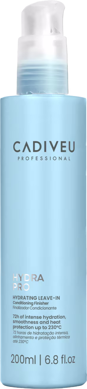 Frasco de leave-in 200ml da linha Hydra Pro da Cadiveu Professional, com embalagem azul claro e rótulo com o nome da marca em branco e cinza. Produto de tratamento capilar leave-in para hidratação, suavidade e proteção térmica até 230°C.