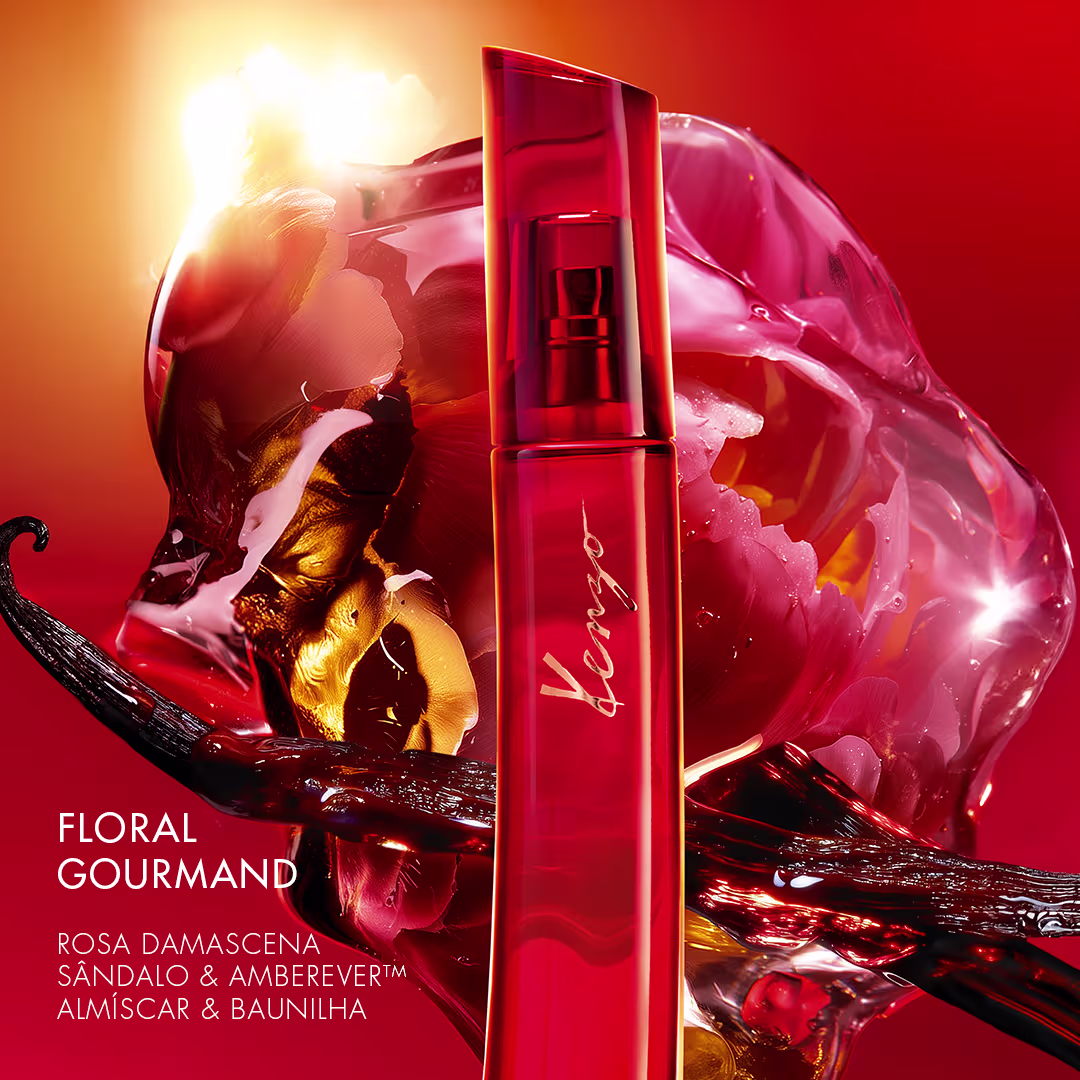 Imagem de um item de perfumaria vermelho com o texto "Floral Gourmand" e "Rosa Damascena, Sandalo & Amberever, Almiscar & Baunilha" em destaque.