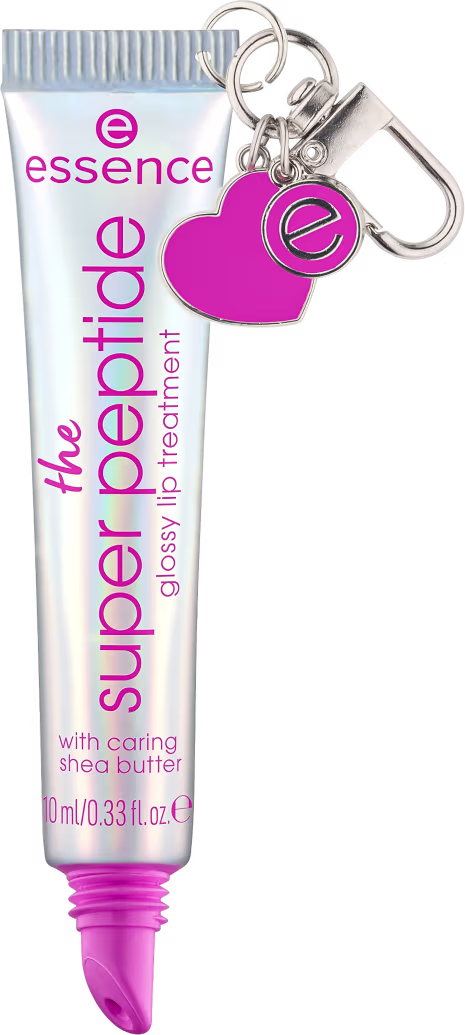 Embalagem do gloss prateada furta-cor e rosa. Contém texto "the super peptide" e logotipo da marca. Possui um pingente em forma de coração rosa preso ao tubo.