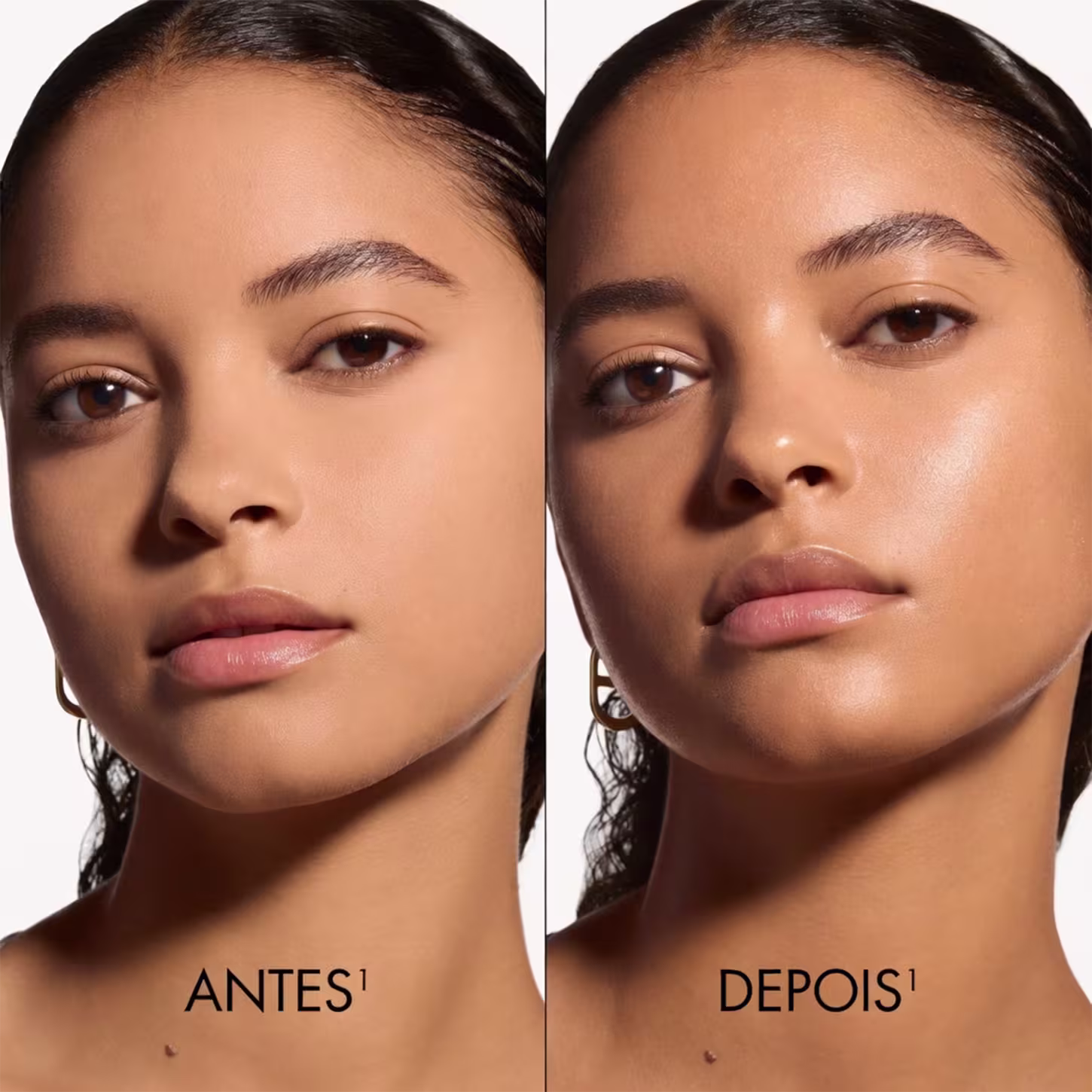 Imagem promocional de produto de beleza da marca Dior, apresentando antes e depois da aplicação do produto.