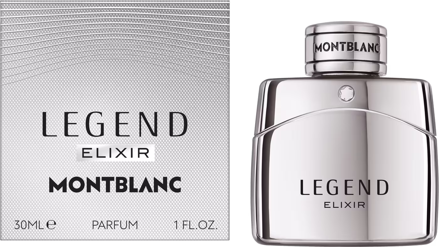 Frasco de perfume Montblanc Legend Elixir, com embalagem em tons de cinza e branco. O rótulo apresenta o nome do produto em destaque. O frasco possui formato cilíndrico com tampa metálica.