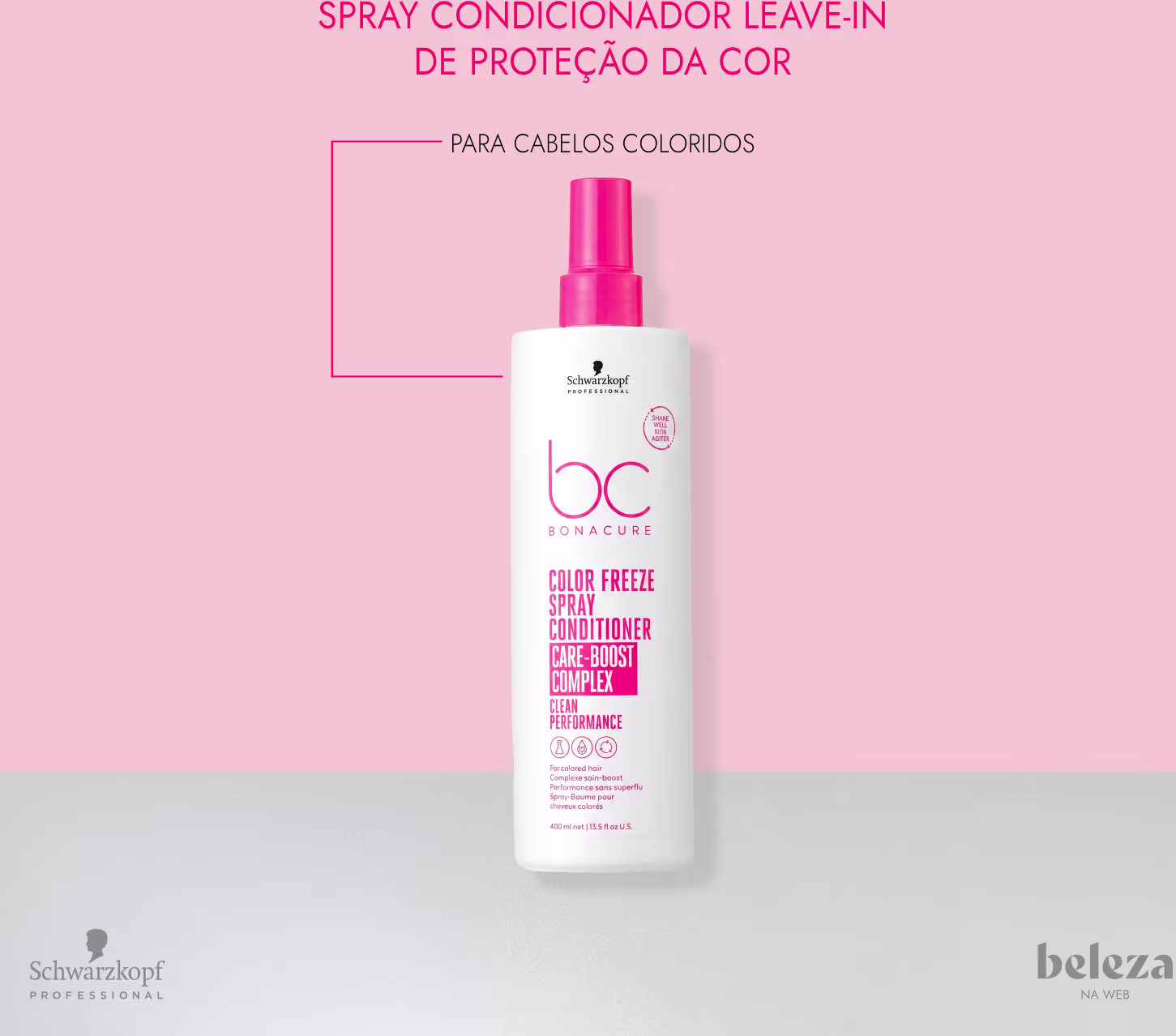 Spray condicionador leave-in de proteção da cor para cabelos coloridos da marca Schwarzkopf Professional, com texto "BC Color Freeze Spray Conditioner Care-Boost Complex" visível na embalagem.