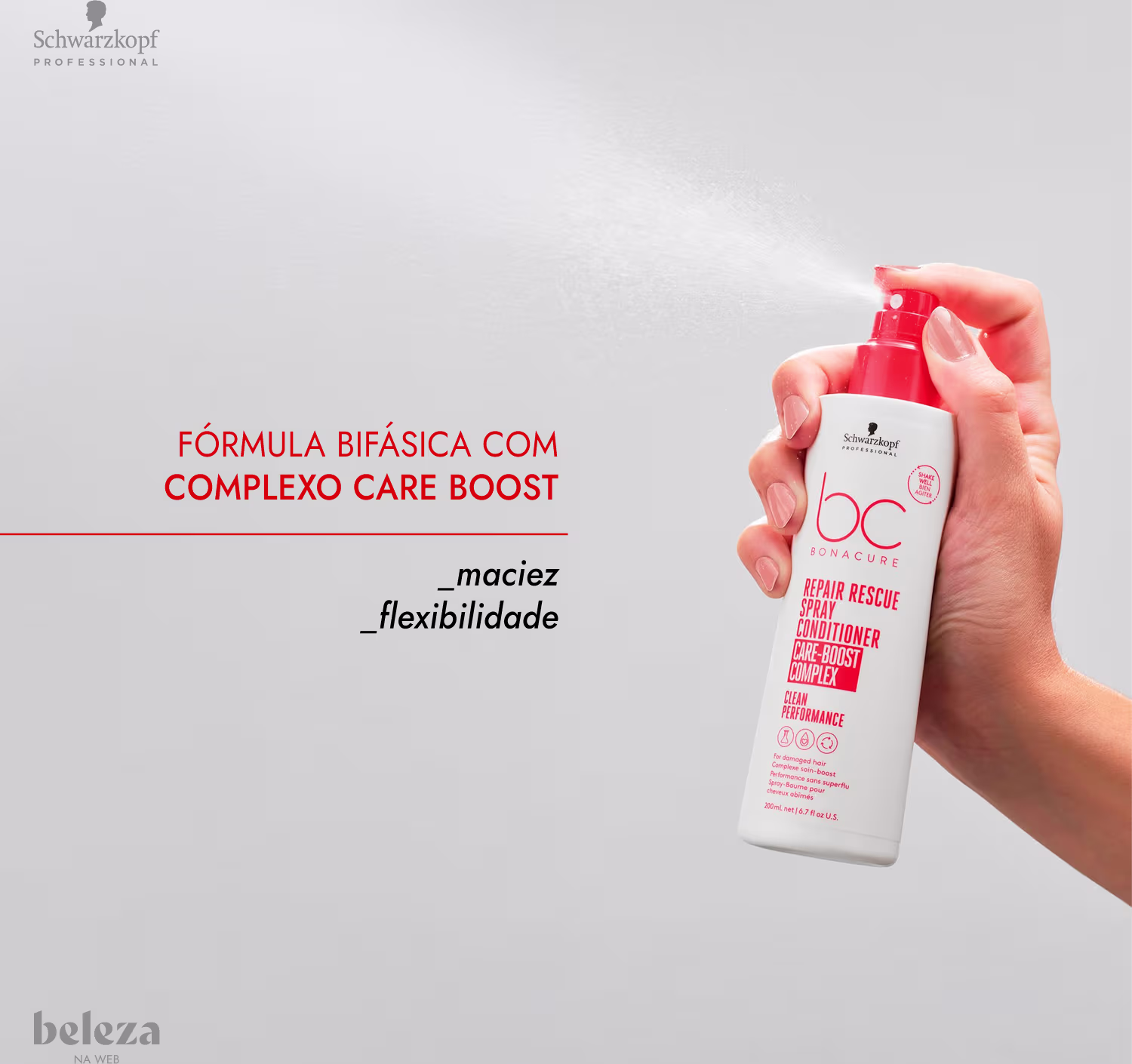 Frasco branco com tampa vermelha da linha Bonacure Repair Rescue da Schwarzkopf Professional, contendo um spray condicionador de 400ml, com fórmula bifásica e complexo de cuidados para recuperação e flexibilidade dos cabelos.
