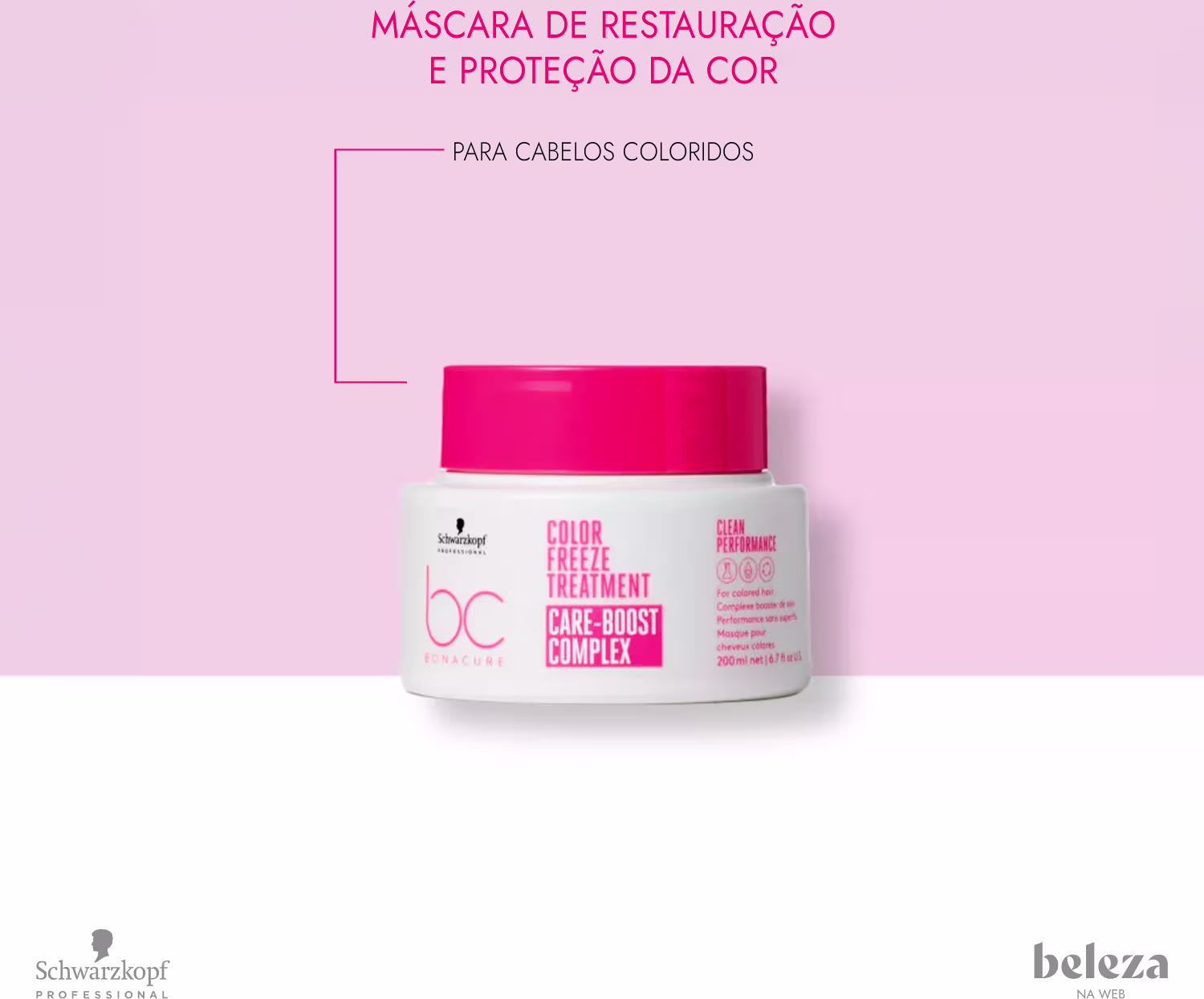 Máscara de restauração e proteção da cor para cabelos coloridos da marca Schwarzkopf Professional, com texto "Color Freeze Treatment Care-Boost Complex" visível na embalagem.