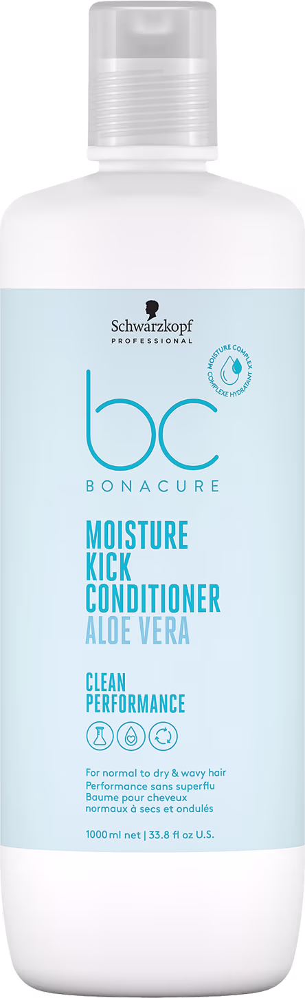 Frasco branco e azul claro da linha Bonacure da Schwarzkopf Professional, contendo condicionador Moisture Kick de 1 Litro