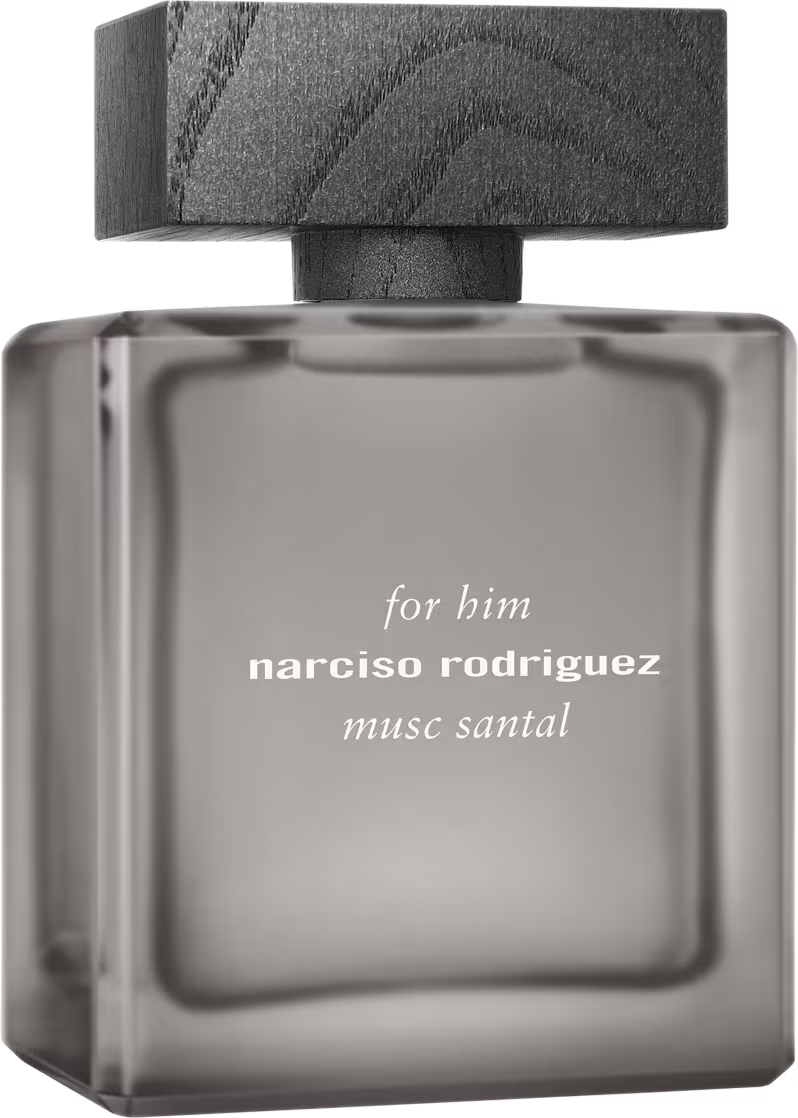 Frasco de perfume masculino da marca Narciso Rodriguez, com rótulo em tons de cinza e branco, exibindo o nome do produto "Musc Santal" e a indicação "for him".