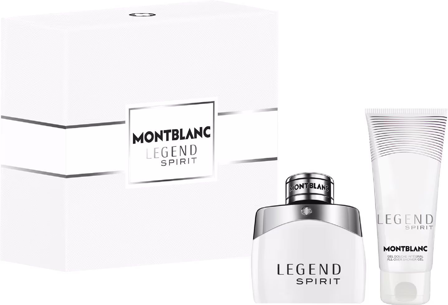 Caixa branca com logotipo "MONTBLANC LEGEND SPIRIT" em preto. Frasco de perfume branco com logotipo "MONTBLANC" em preto. Tubo de gel branco com rótulo "LEGEND SPIRIT MONTBLANC".