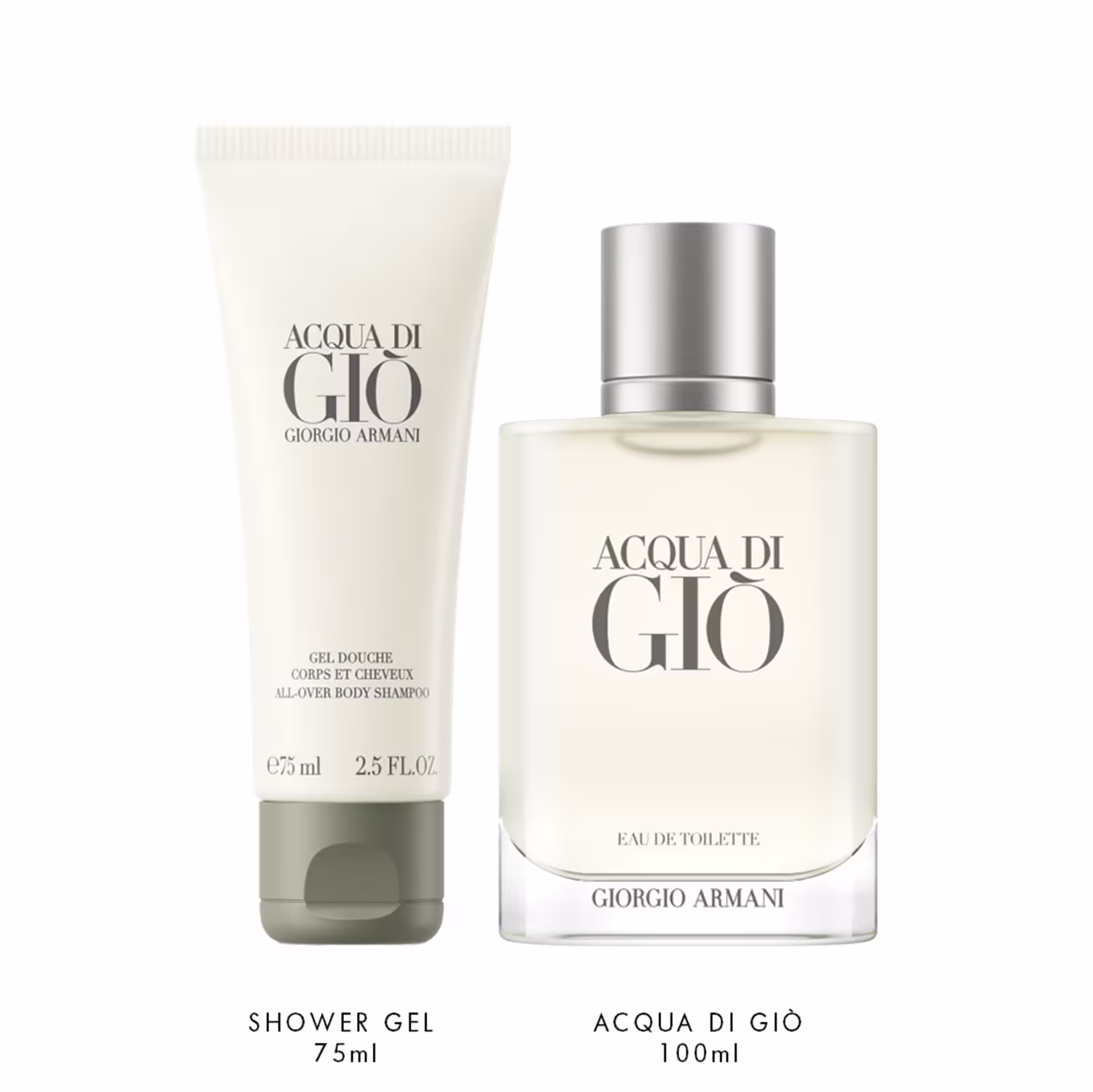 Dois produtos da marca Giorgio Armani: um frasco de 100ml da fragrância Acqua di Gio e um tubo de 75ml do gel de banho Acqua di Gio, ambos com embalagens em tons de branco e cinza.