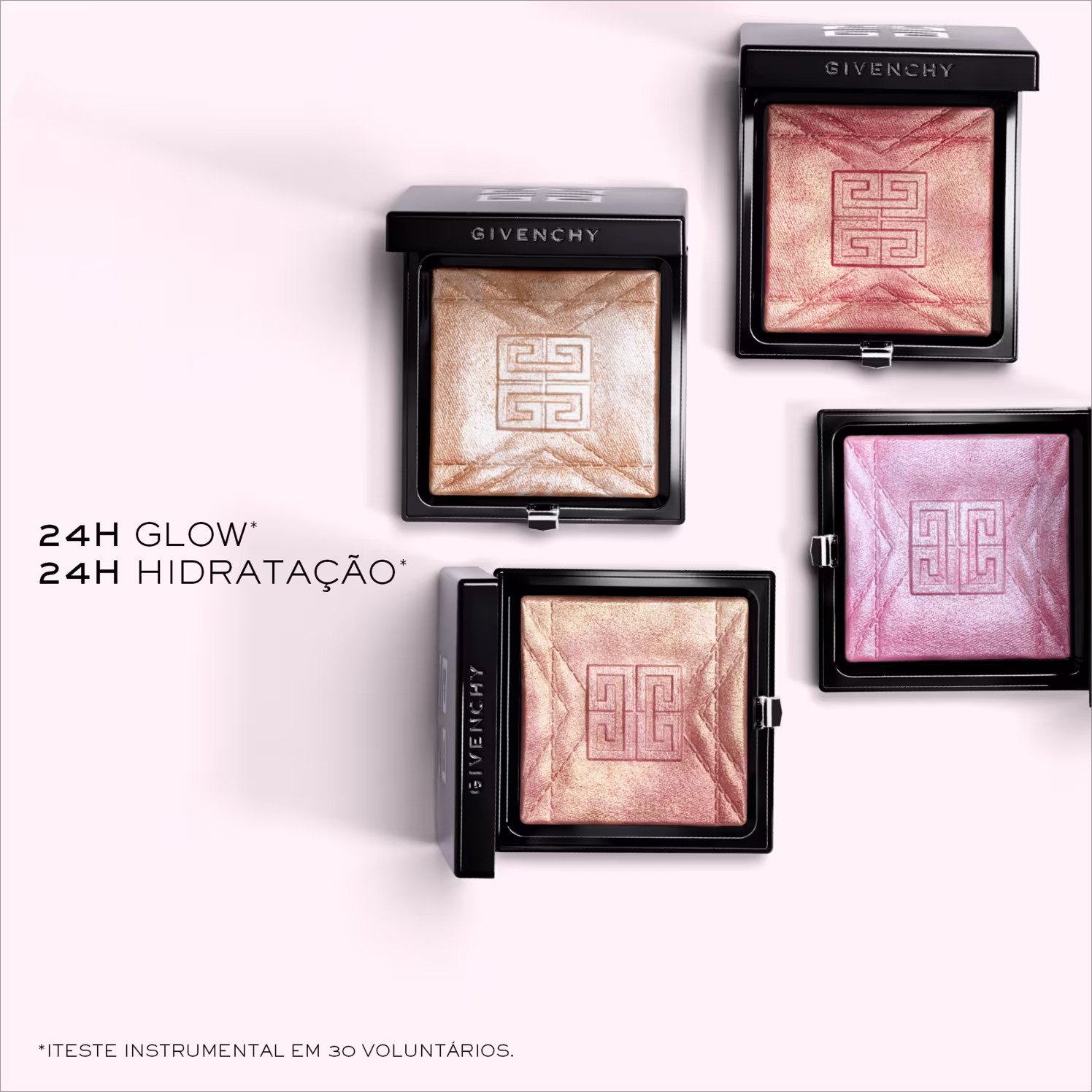 Três embalagens de item de perfumaria da marca Givenchy, exibindo padrões geométricos em tons de rosa e dourado. Cada embalagem contém o texto "24H GLOW" e "24H HIDRATAÇÃO".