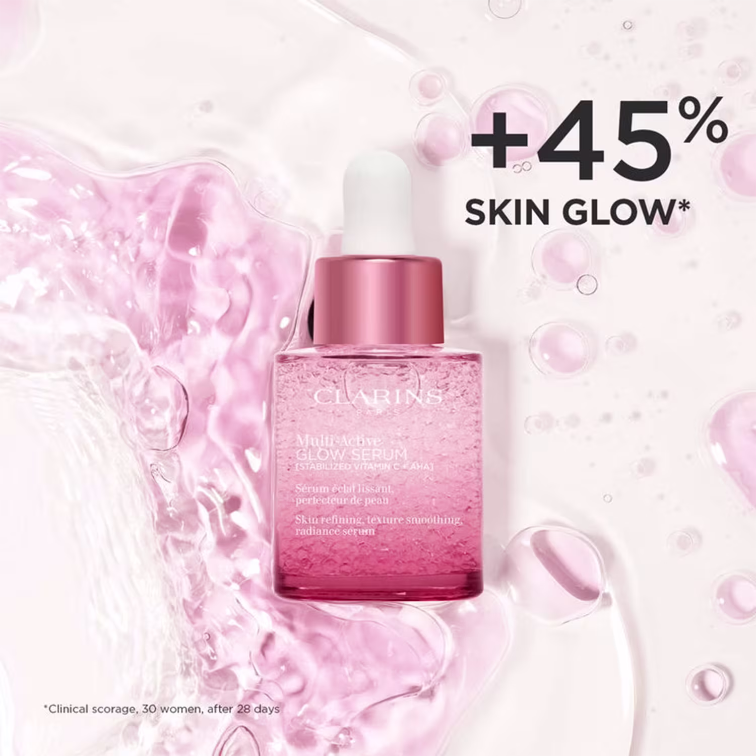 Frasco com conta-gotas contendo sérum para pele da marca Clarins, com texto "Multi-Active Glow Serum" e "+45% Skin Glow*" visível.