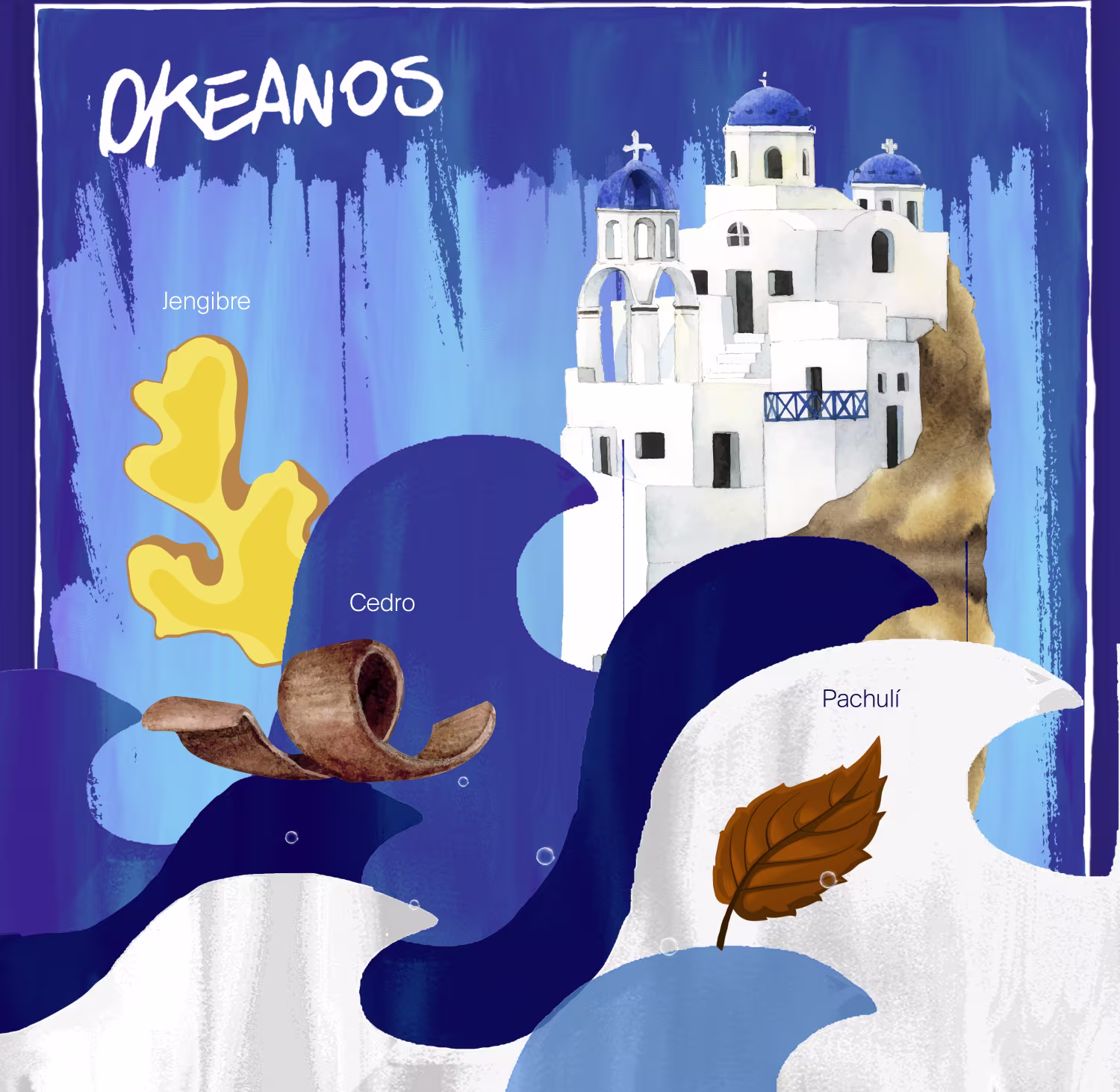 Imagem com uma cidade grega com construções brancas e cúpulas azuis. Elementos decorativos incluem folhas, galhos e itens de perfumaria como gengibre, cedro e patchuli.