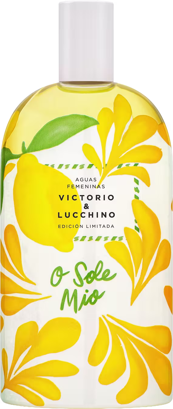 Frasco de perfume Victorio & Lucchino, edição limitada, com design floral em tons de amarelo e verde. Rótulo com o nome "O Sole Mio" e informações sobre as "Aguas Femeninas".