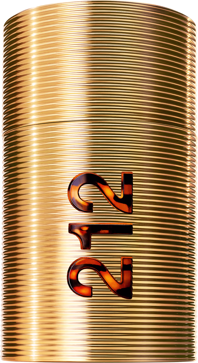 Perfume 212 Men NYC Parfum Carolina Herrera com frasco cilíndrico dourado com rótulo em relevo exibindo a marca "212".