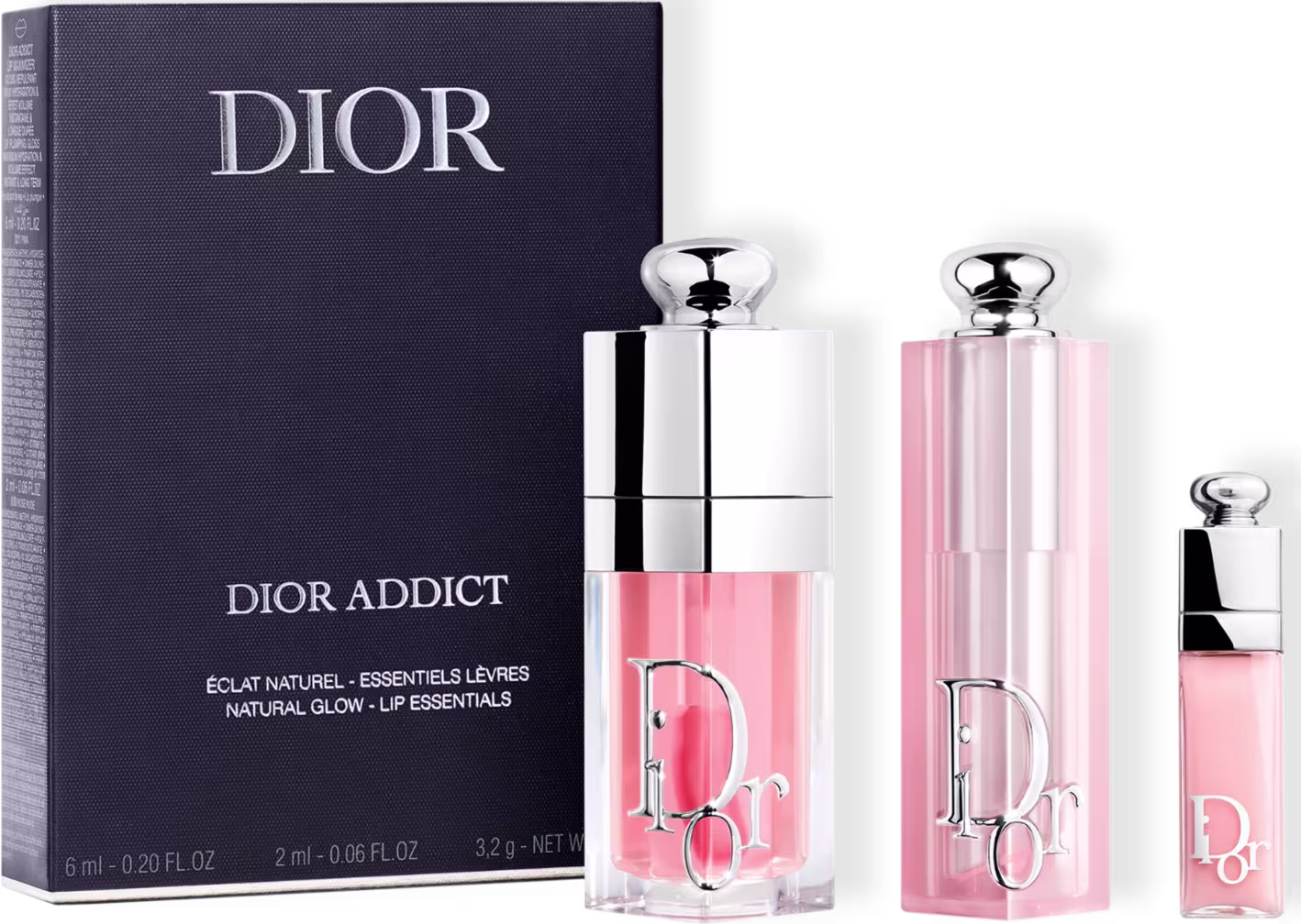 Conjunto de produtos de beleza da marca Dior, incluindo o balm Dior Addict Lip Glow e o gloss Dior Addict Lip Maximizer, com embalagens em tom rosa.  A seleção inclui também um mini-gloss na tonalidade rosa.