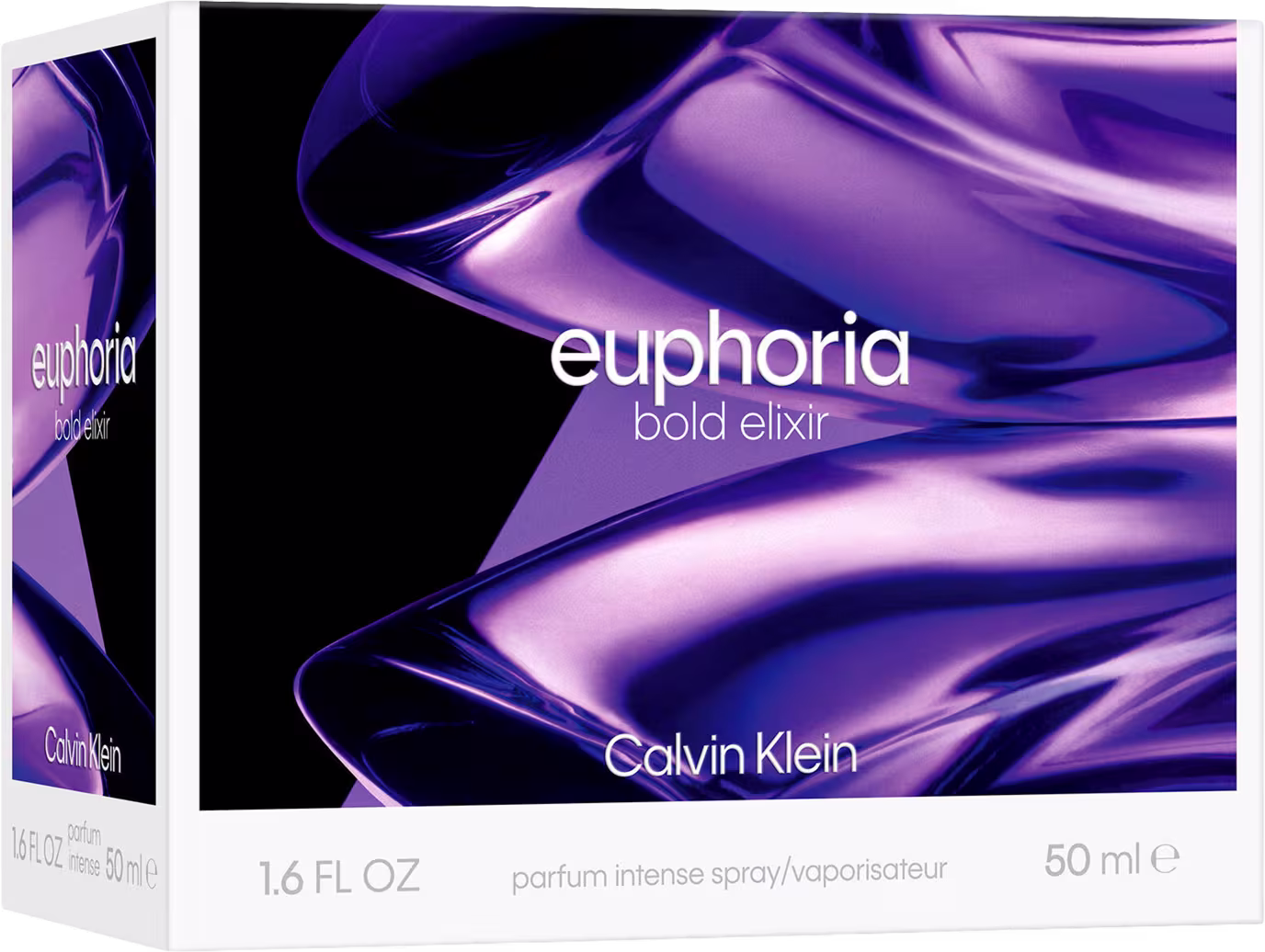 Caixa retangular branca com rótulo em letras grandes "euphoria" e "bold elixir" em fundo roxo e rosa. Frasco de perfumaria em forma de gota com líquido roxo dentro da caixa. Texto "Calvin Klein" visível no rótulo.