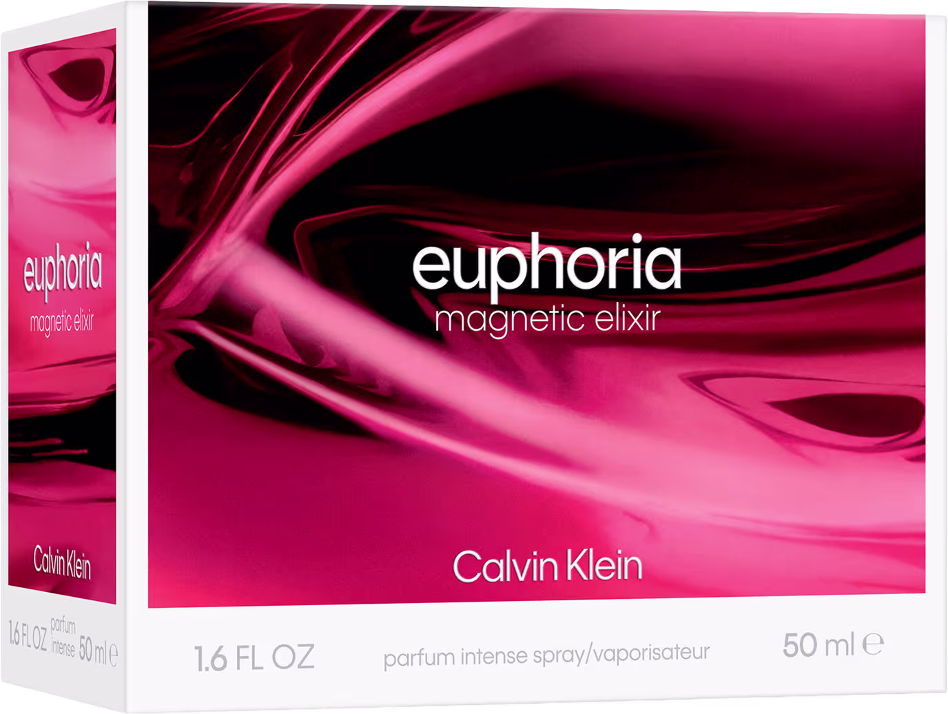 Caixa branca retangular com rótulo vermelho e preto exibindo o nome "euphoria" e "magnetic elixir" da marca Calvin Klein. O item de perfumaria está em um frasco de vidro vermelho com formato curvilíneo.