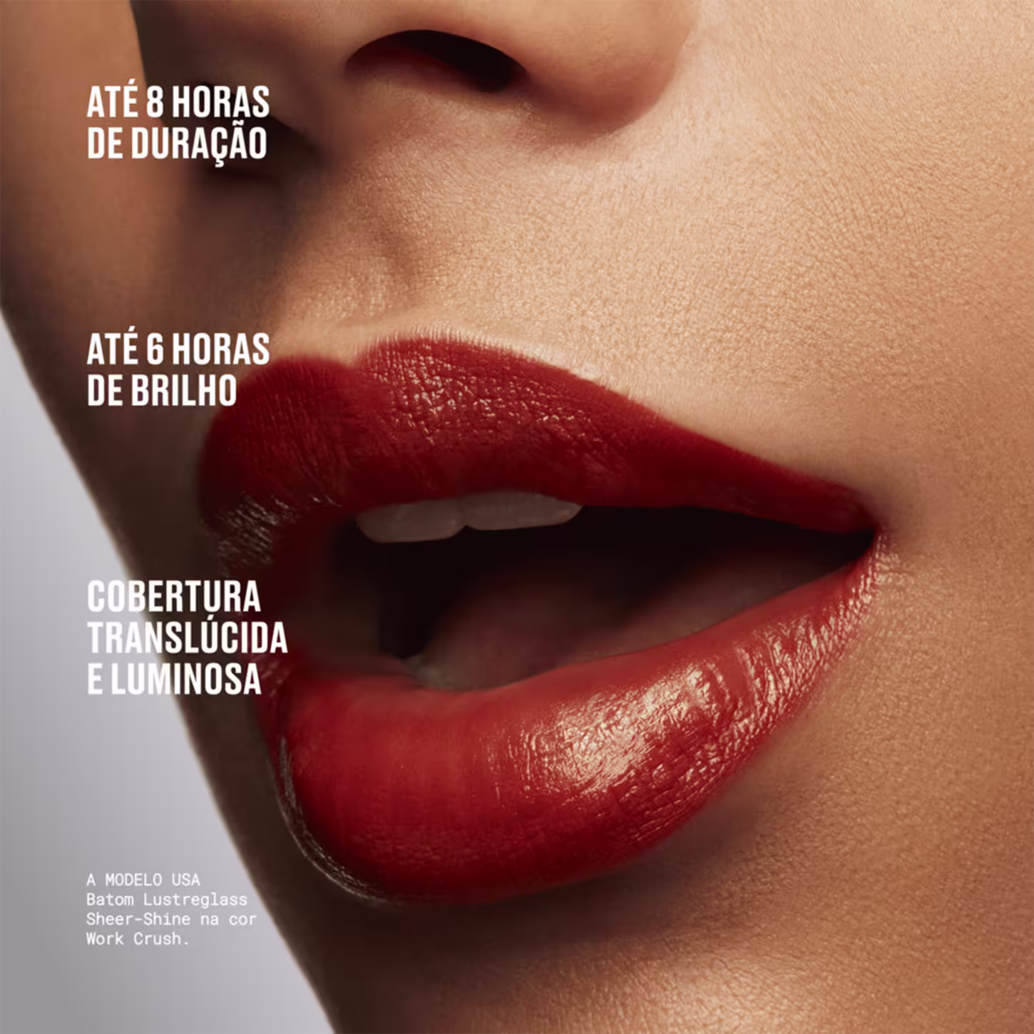  "ATÉ 8 HORAS DE DURAÇÃO" e "ATÉ 6 HORAS DE BRILHO". Embalagem com informações sobre cobertura translúcida e luminosa.
