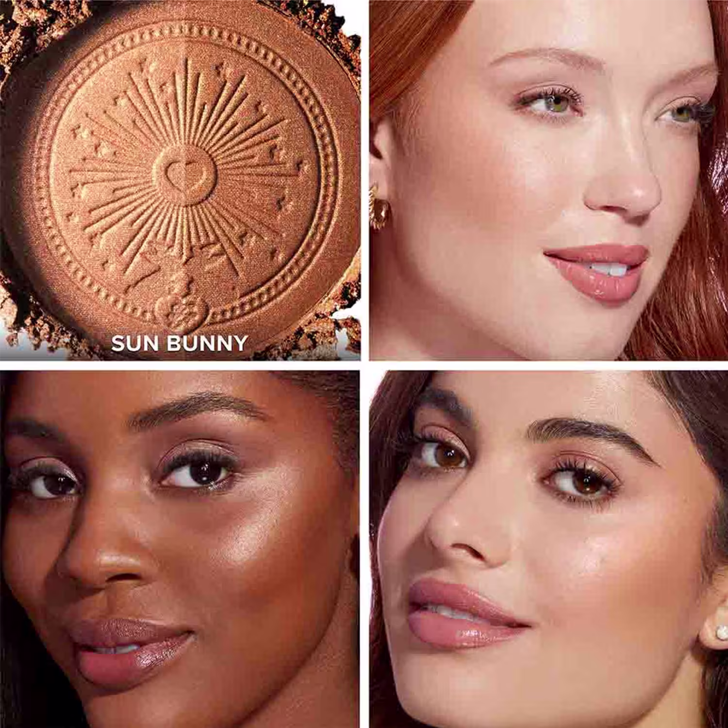 A imagem apresenta um produto de maquiagem da marca Sun Bunny, com um design de sol dourado em relevo. Ao redor, há rostos de mulheres com maquiagem aplicada, sugerindo o uso e efeito do produto.