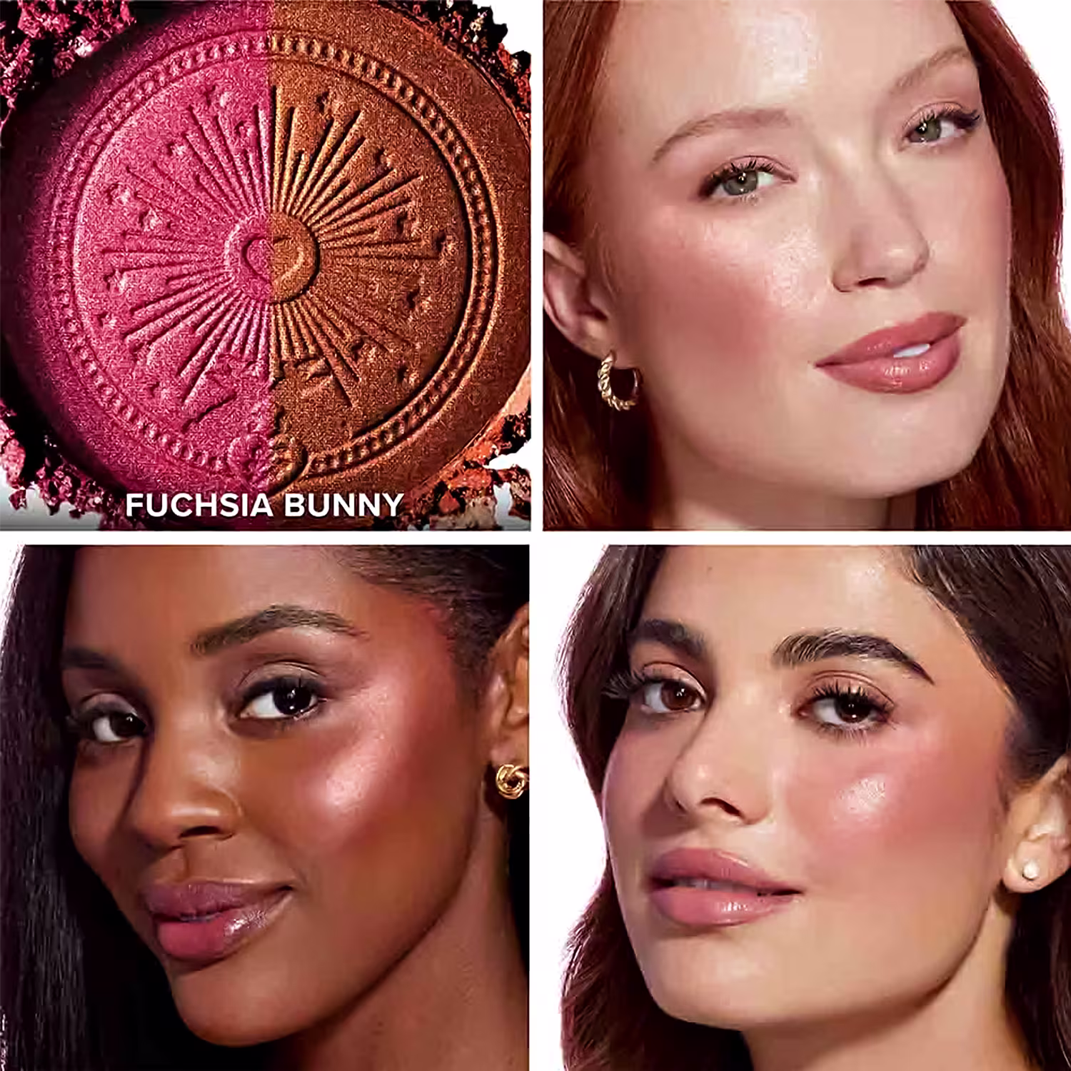 A imagem apresenta um produto de maquiagem da marca Sun Bunny, com um design de sol dourado em relevo. Ao redor, há rostos de mulheres com maquiagem aplicada, sugerindo o uso e efeito do produto.