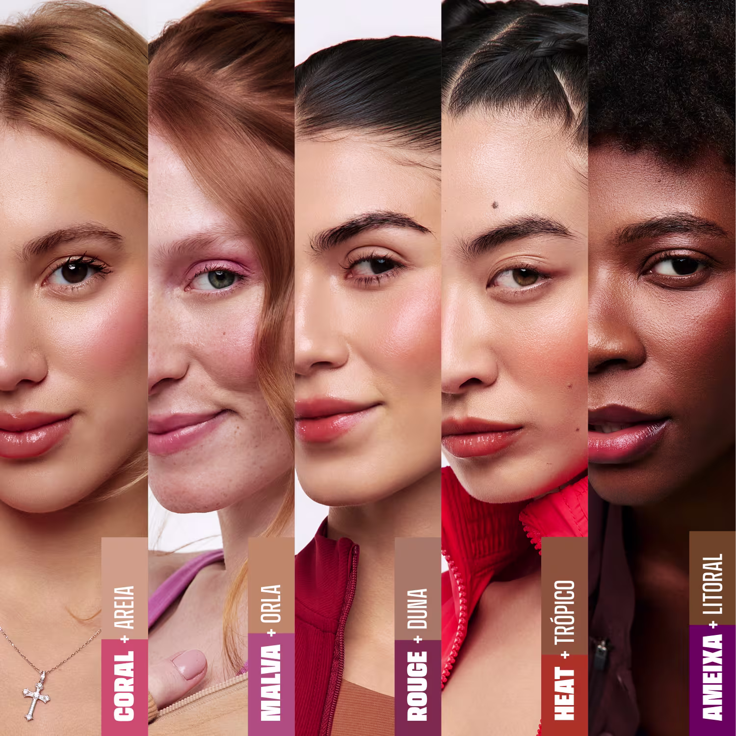 Imagens de rostos femininos com diferentes tons de pele, evidenciando a diversidade de beleza. Mostra os diferentes tons do Duo Stick by Manu Cit