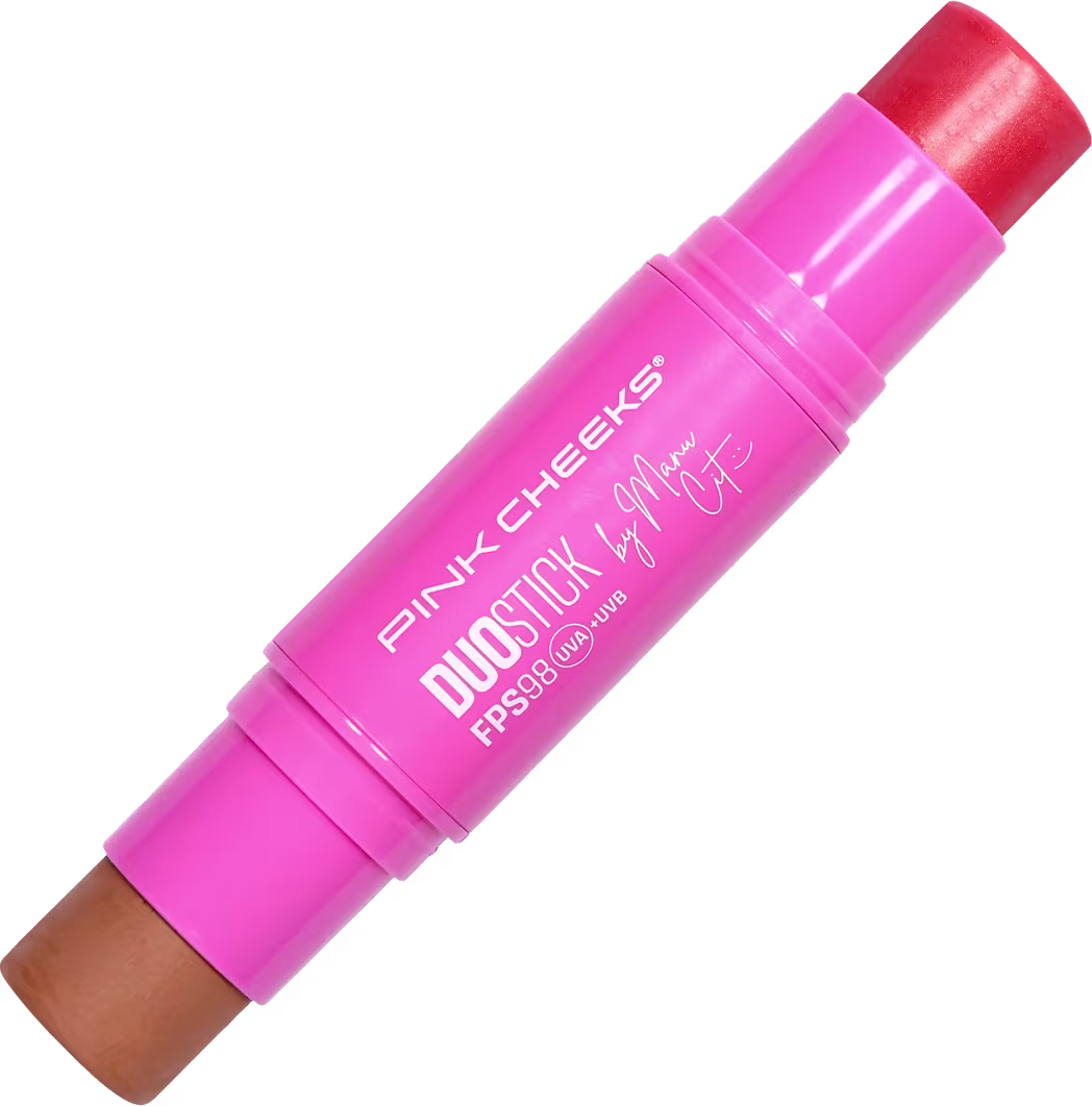 Bastão de maquiagem da marca Pink Cheeks, Duo Stick by Manu Cit, com duas pontas - de um lado bronzer, do outro blush.