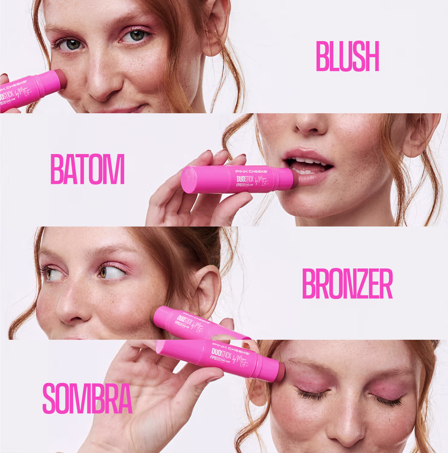A imagem apresenta uma mulher aplicando o duo stick da marca Pink Cheeks, de firentes formas, como blush, batom, sombra e bronzer.