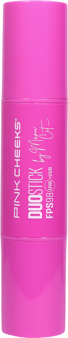 Bastão de maquiagem da marca Pink Cheeks, Duo Stick by Manu Cit, com embalagem rosa.