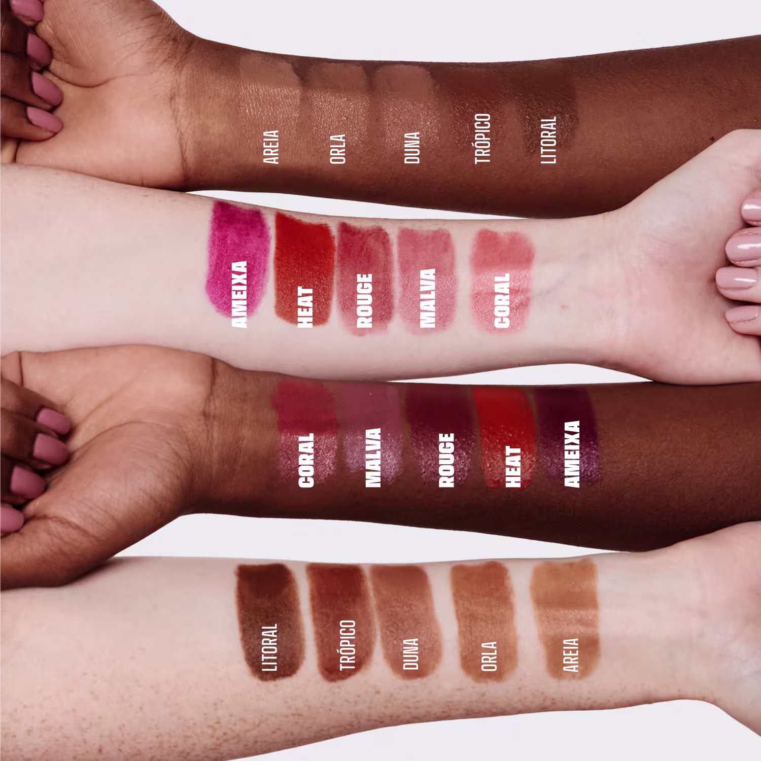 A imagem mostra uma variedade de tons do Duo Stick Pink Cheeks, exibidos em braços de diferentes tons de pele. Os tons variam de rosa a vermelho, com algumas opções mais escuras e neutras.