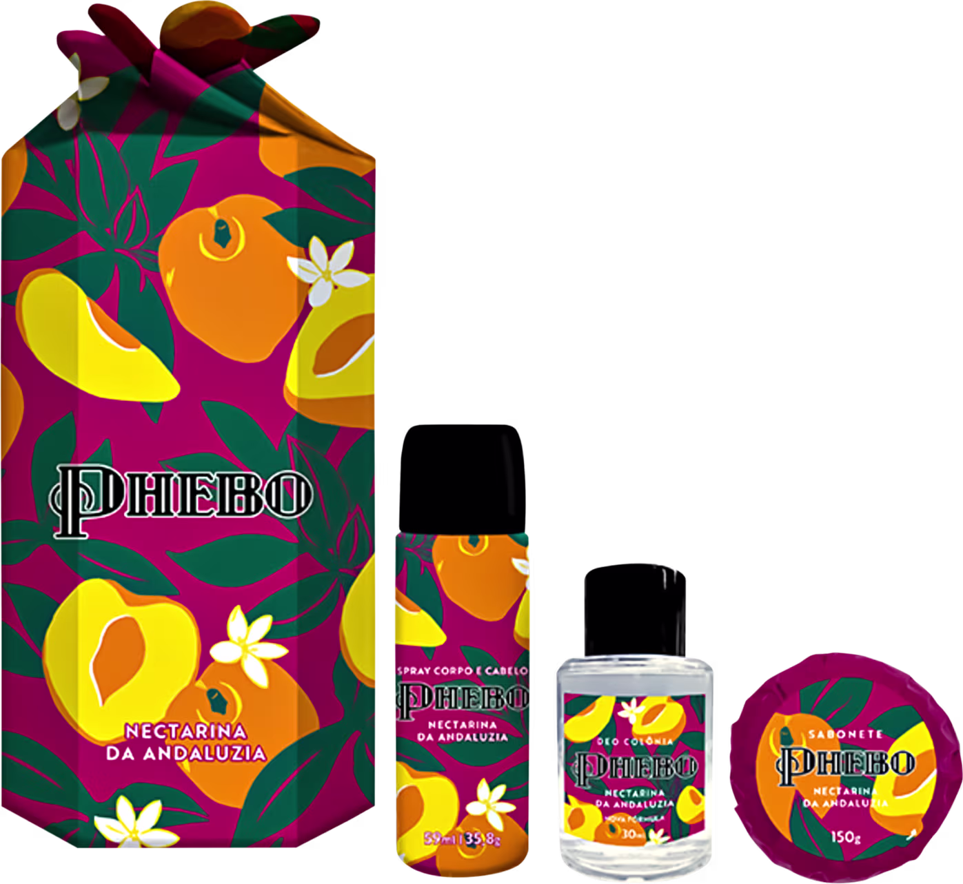 Embalagem colorida com estampa floral em tons de rosa, amarelo e verde, contendo item de perfumaria da marca Phebo, com frasco, bisnaga e sabonete da linha "Nectarina da Andaluzia".