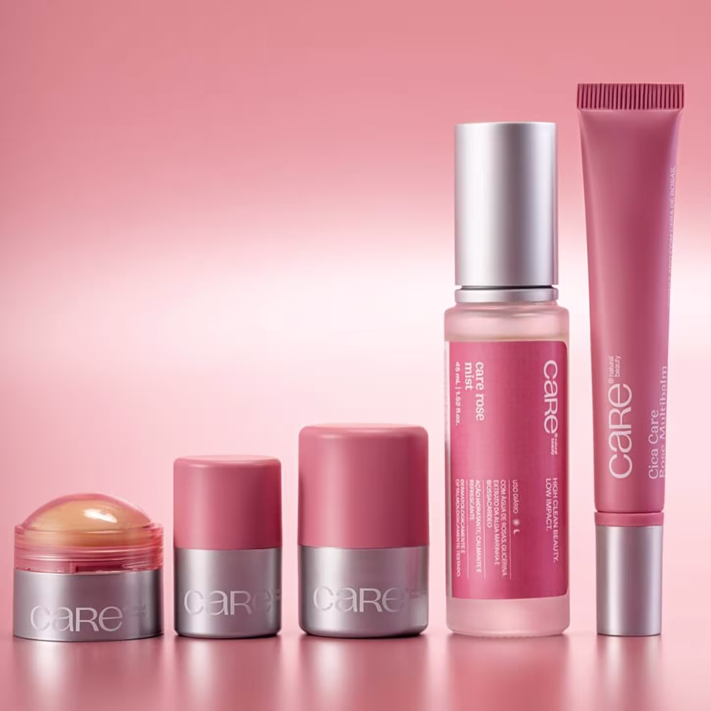 Imagem com vários produtos da marca esfoliante labial CARE Natural Beauty.