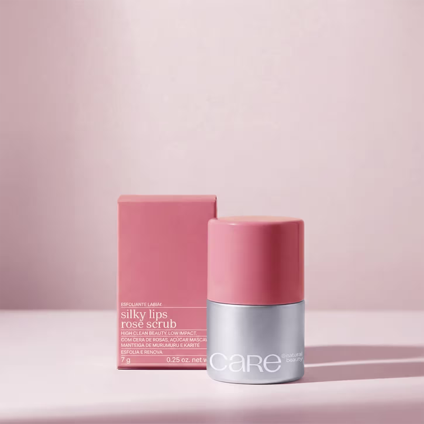 Caixa e embalagem do esfoliante labial CARE Natural Beauty Silky Lips Rose Scrub.