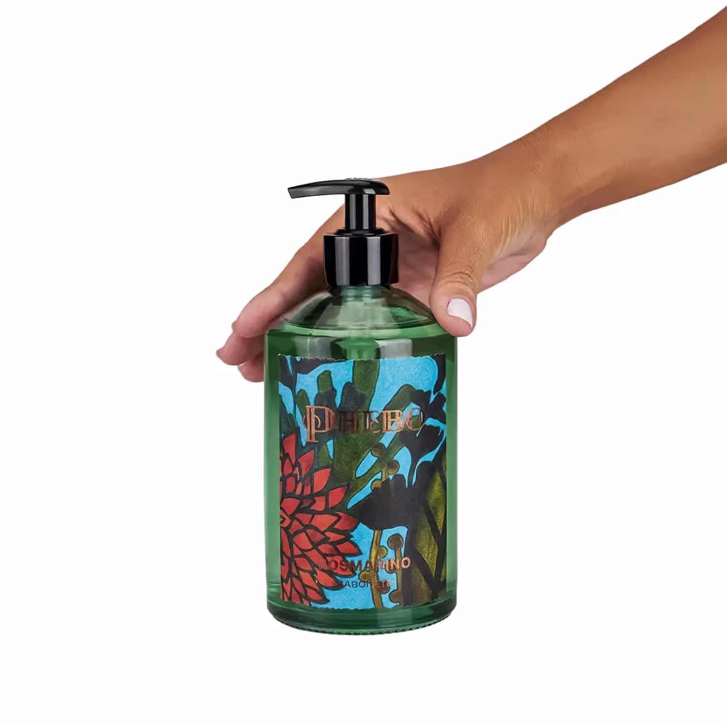 Frasco com design colorido e geométrico, contendo líquido verde, com bomba preta e rótulo destacado em laranja e azul.