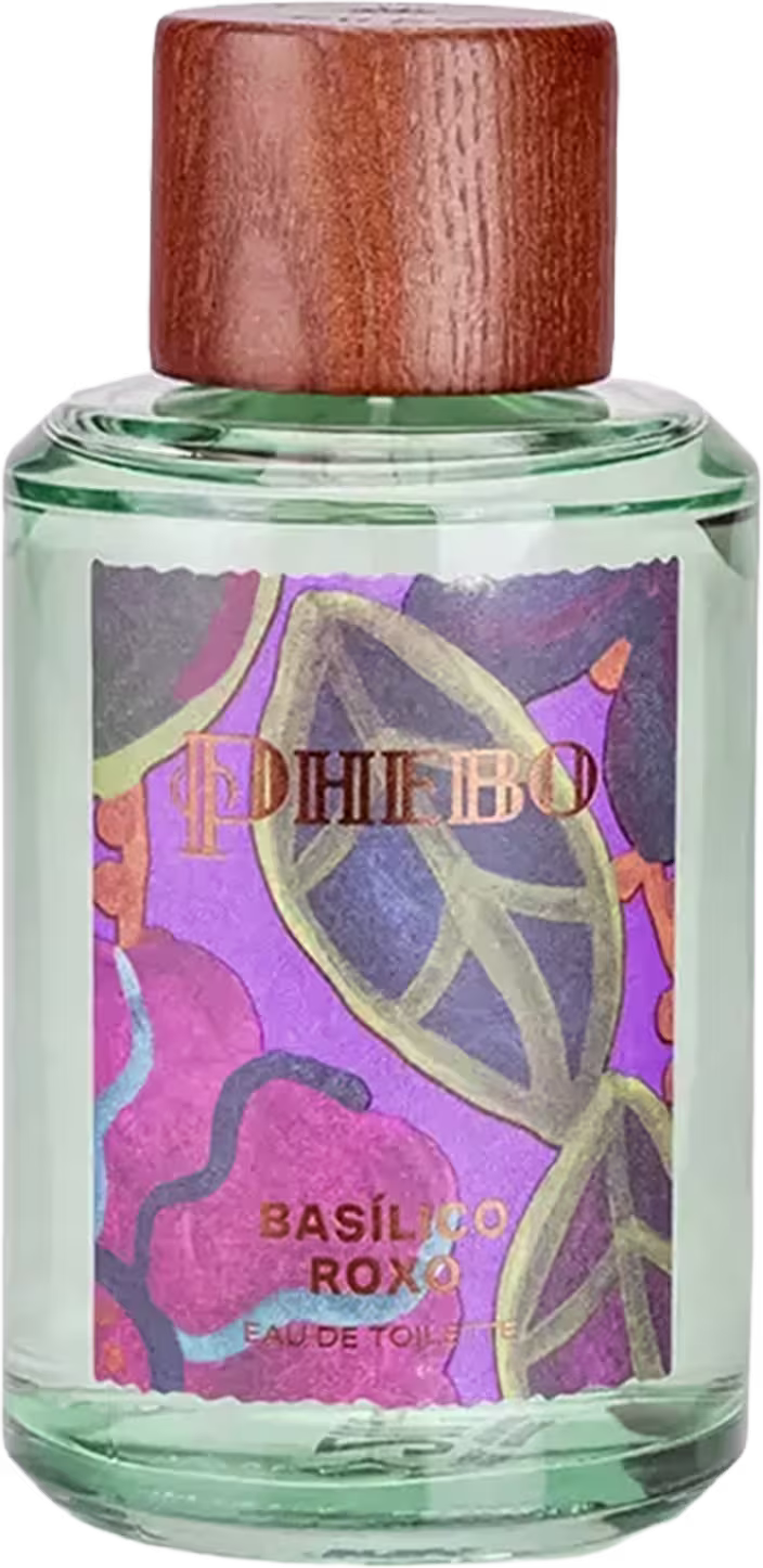 Frasco de item de perfumaria da marca Phebo, com rótulo roxo e amarelo, contendo ilustrações florais e texto "Basilic roxo" em destaque.