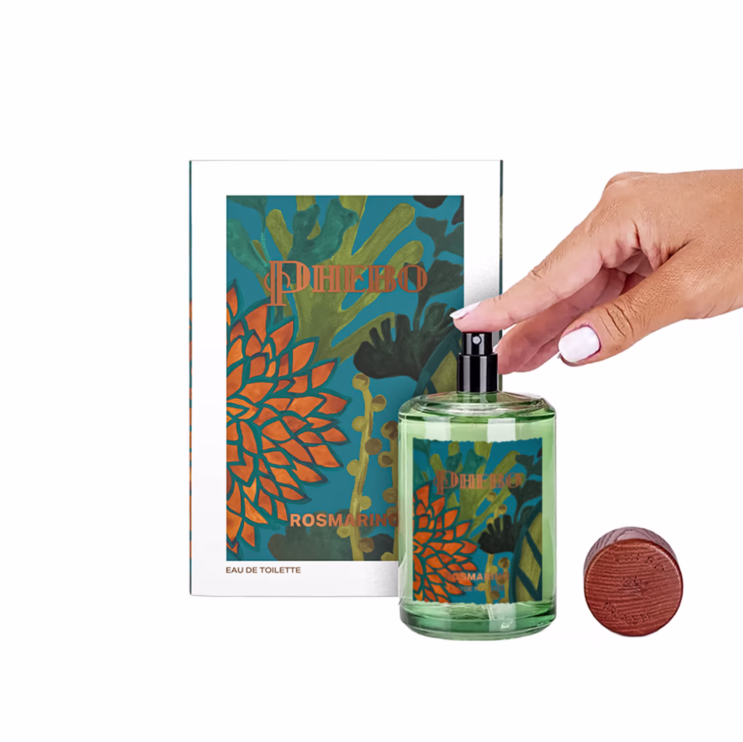 Frasco de vidro verde com tampa de madeira, rótulo com padrão colorido e texto "Phebo", item de perfumaria com design moderno e natural.
