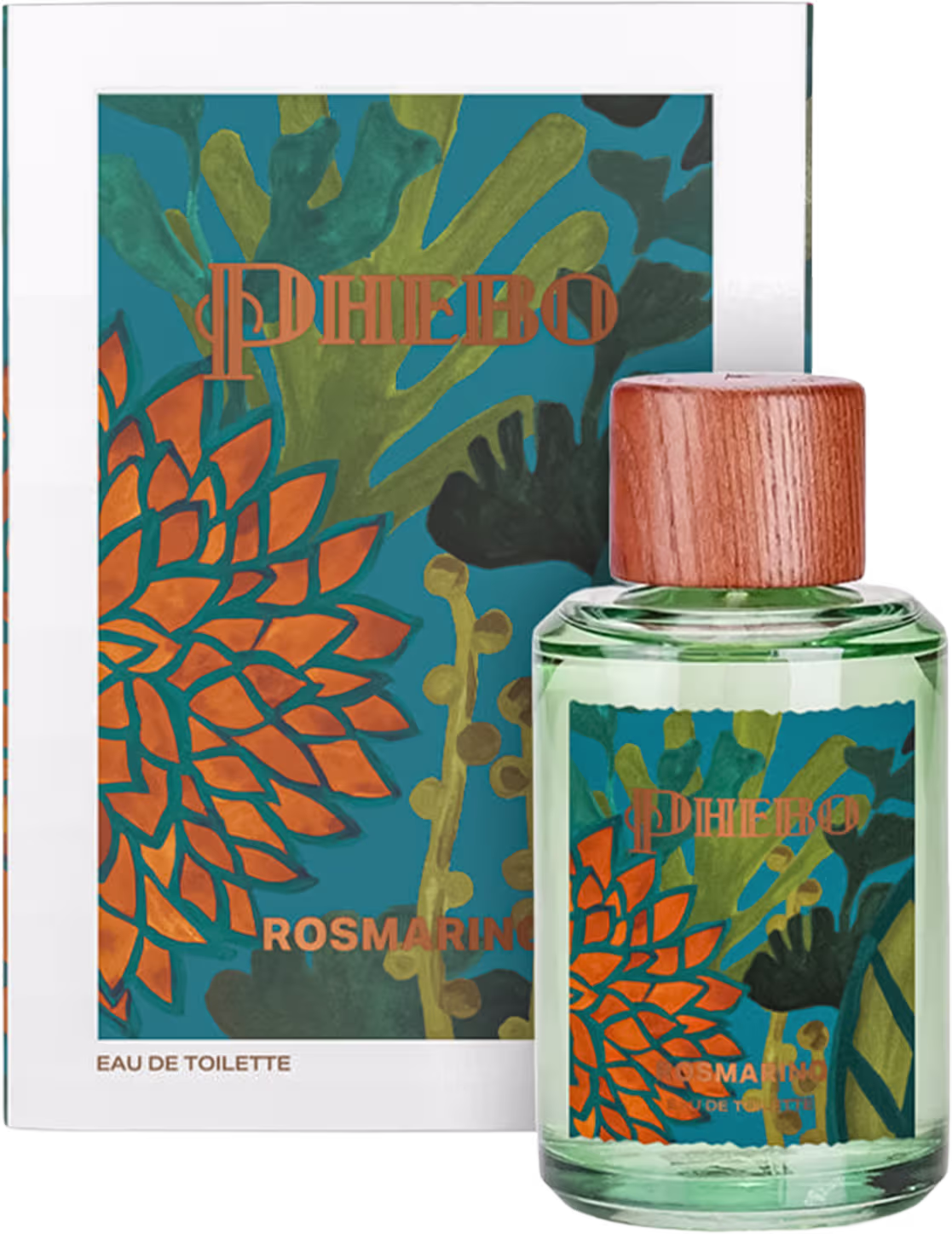 Frasco de vidro verde com tampa de madeira, rótulo com padrão colorido e texto "Phebo", item de perfumaria com design moderno e natural.