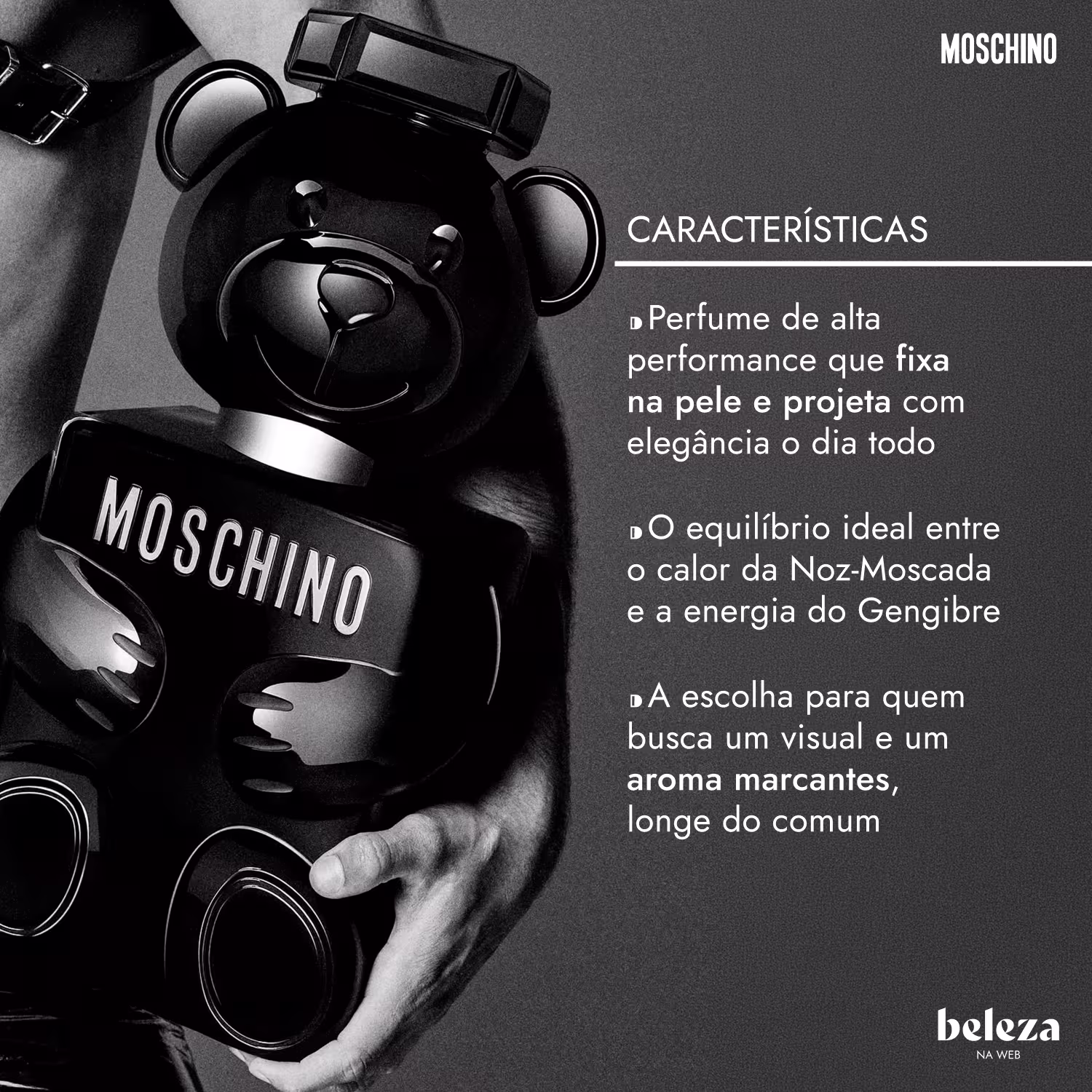 Perfume em formato de urso, com logotipo Moschino. Contendo informações sobre as características do item de perfumaria, incluindo perfume de alta performance, equilíbrio entre notas de noz-moscada e gengibre, para quem busca visual e aroma marcantes.