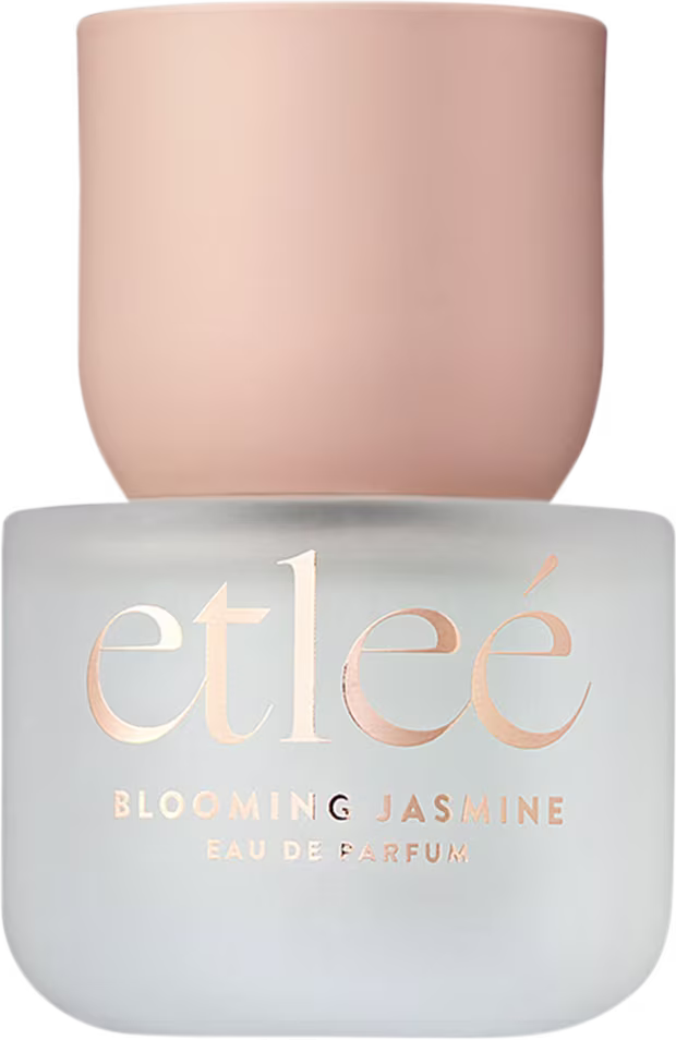 Frasco de perfume Etleé Blooming Jasmine, com embalagem  transparente e letras douradas.