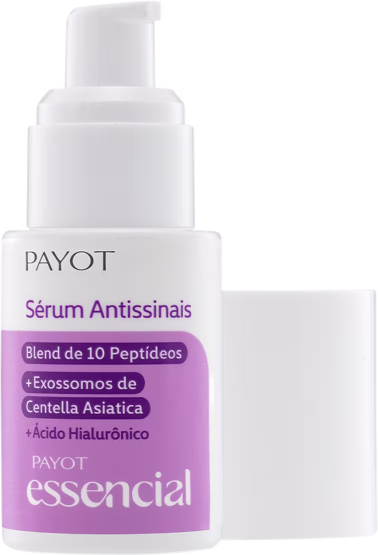 Frasco do sérum antissinais Essencial, da marca Payot. Tampa do produto aberta.