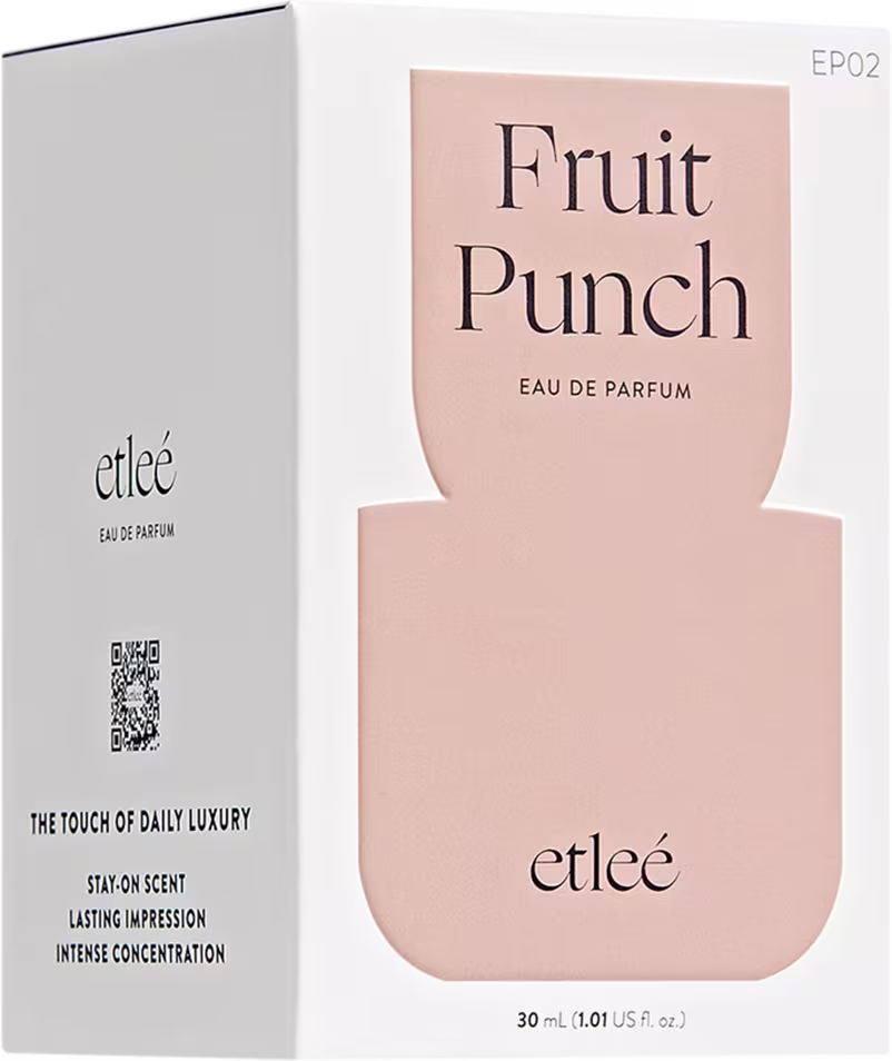 Caixa branca e rosa do perfume  Etleé Fruit Punch com texto em preto destacando o nome do produto e a descrição "Eau de Parfum".